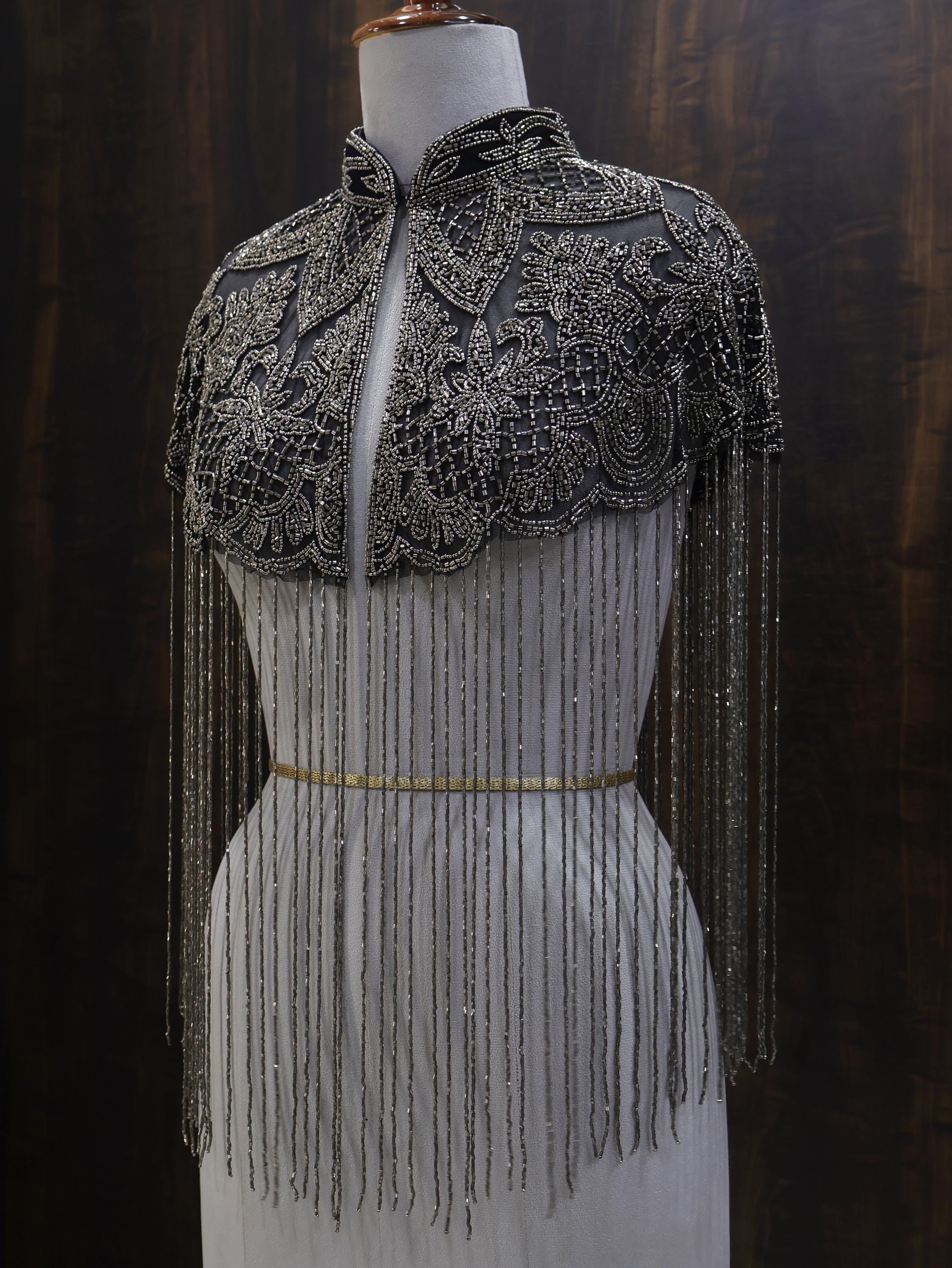 Gunmetal Grey Beaded Bridal Cape: Wedding & Evening Cover-Up