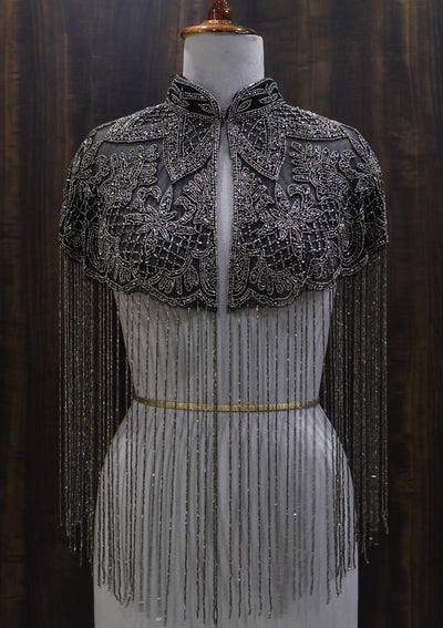 Gunmetal Grey Beaded Bridal Cape: Wedding & Evening Cover-Up