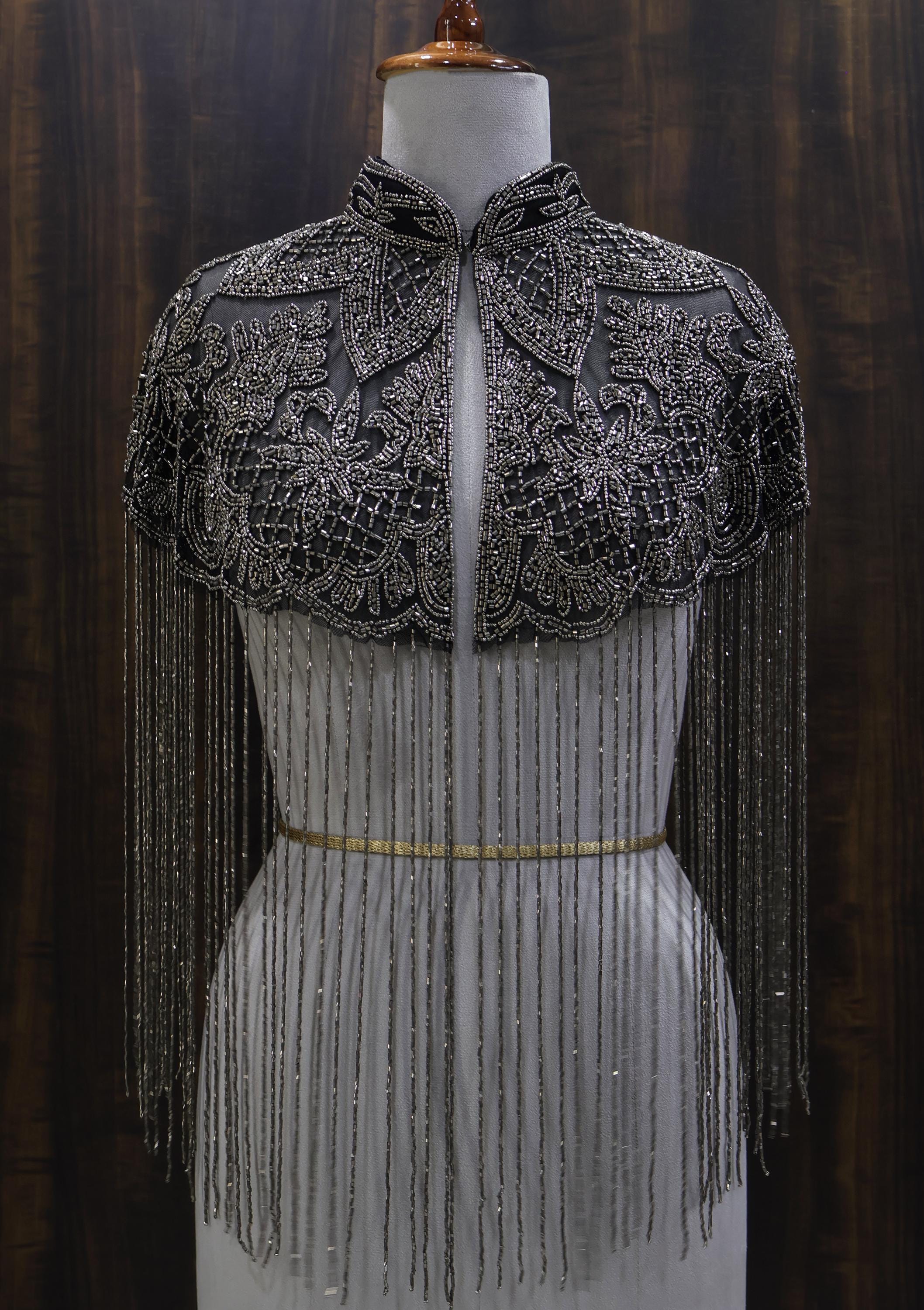 Gunmetal Grey Beaded Bridal Cape: Wedding & Evening Cover-Up