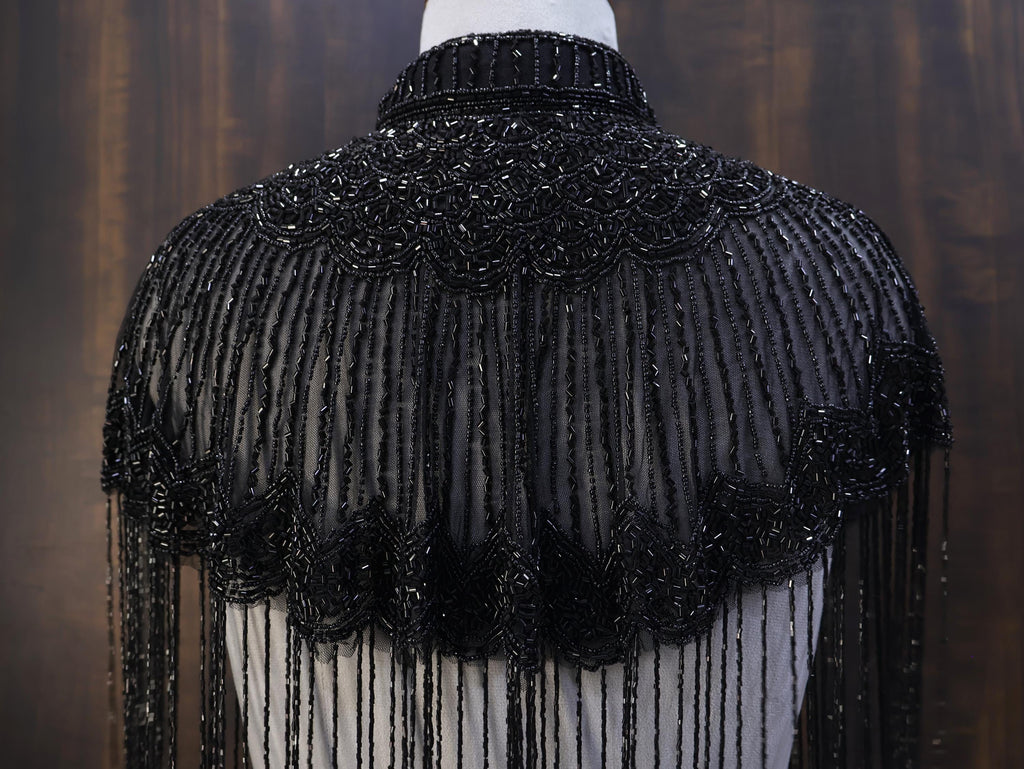 Deep Black Beaded Bridal Cape: Wedding & Evening Cover-Up