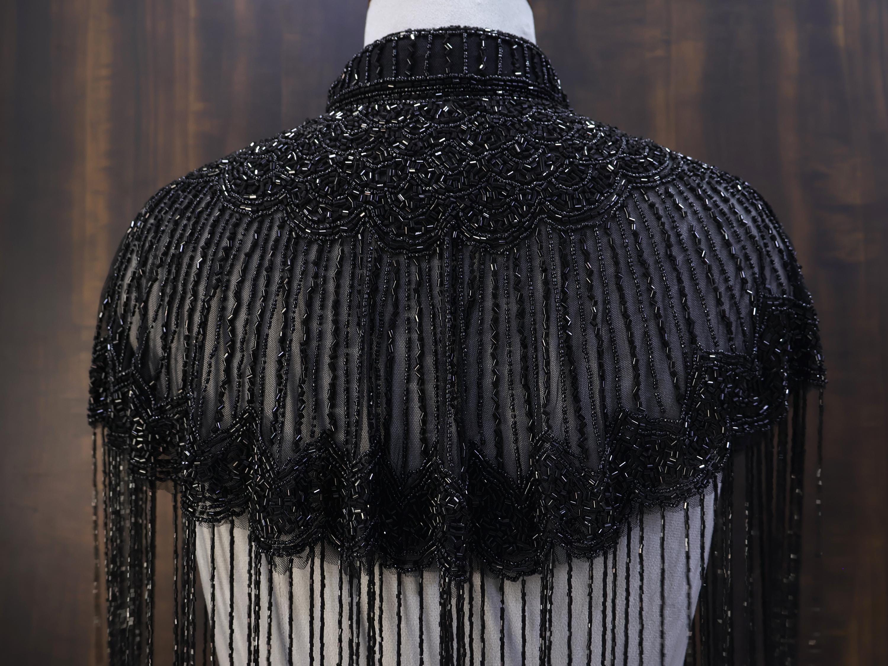 Deep Black Beaded Bridal Cape: Wedding & Evening Cover-Up