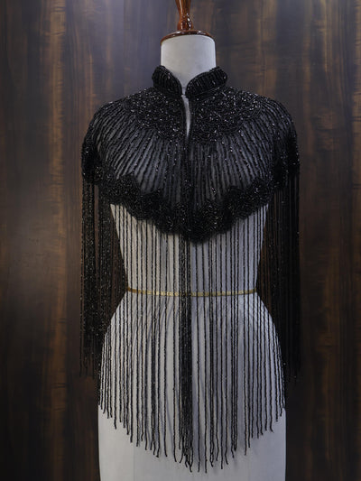 Deep Black Beaded Bridal Cape: Wedding & Evening Cover-Up