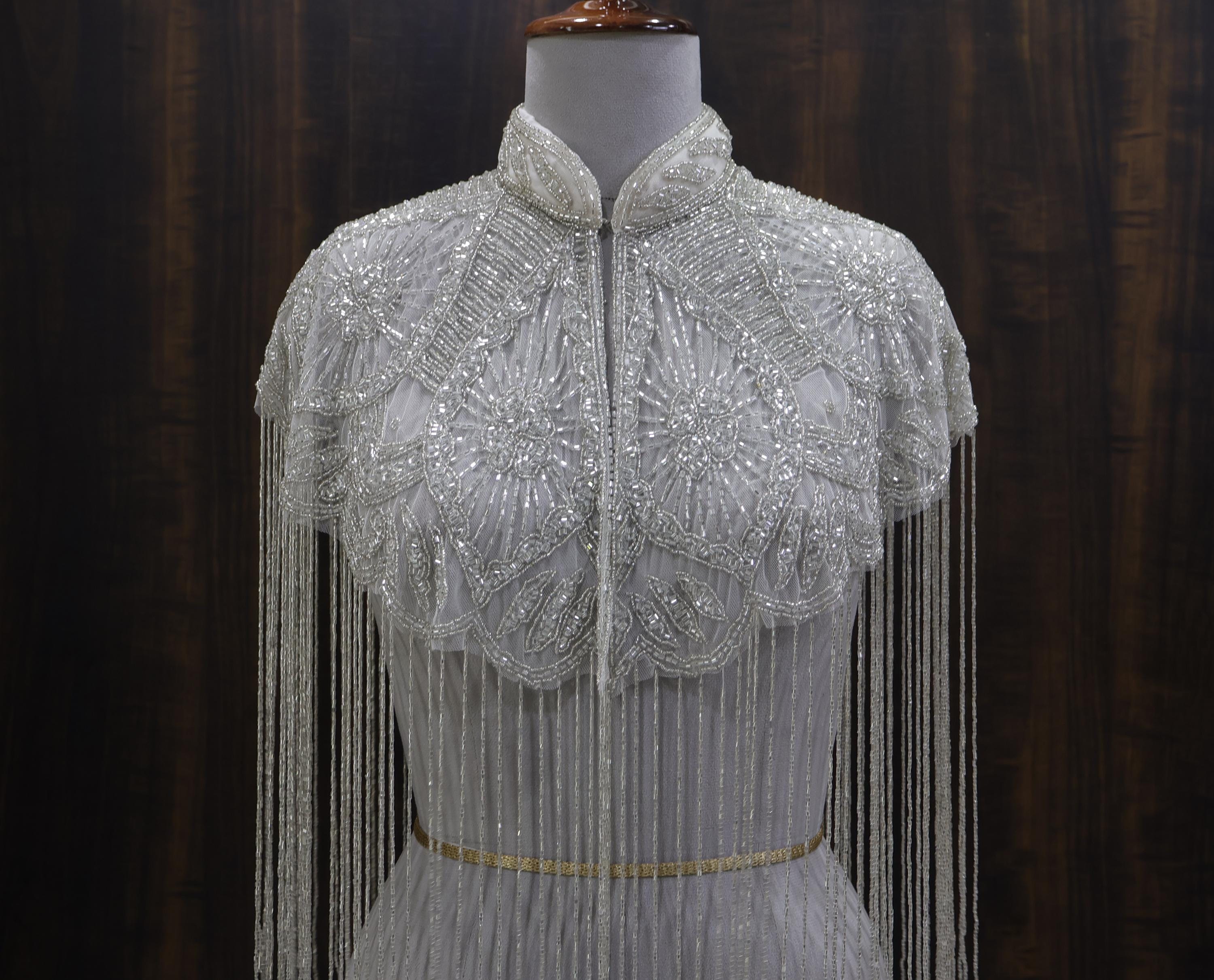 White/ Silver Beaded Bridal Cape: Wedding & Evening Cover-Up Shrug