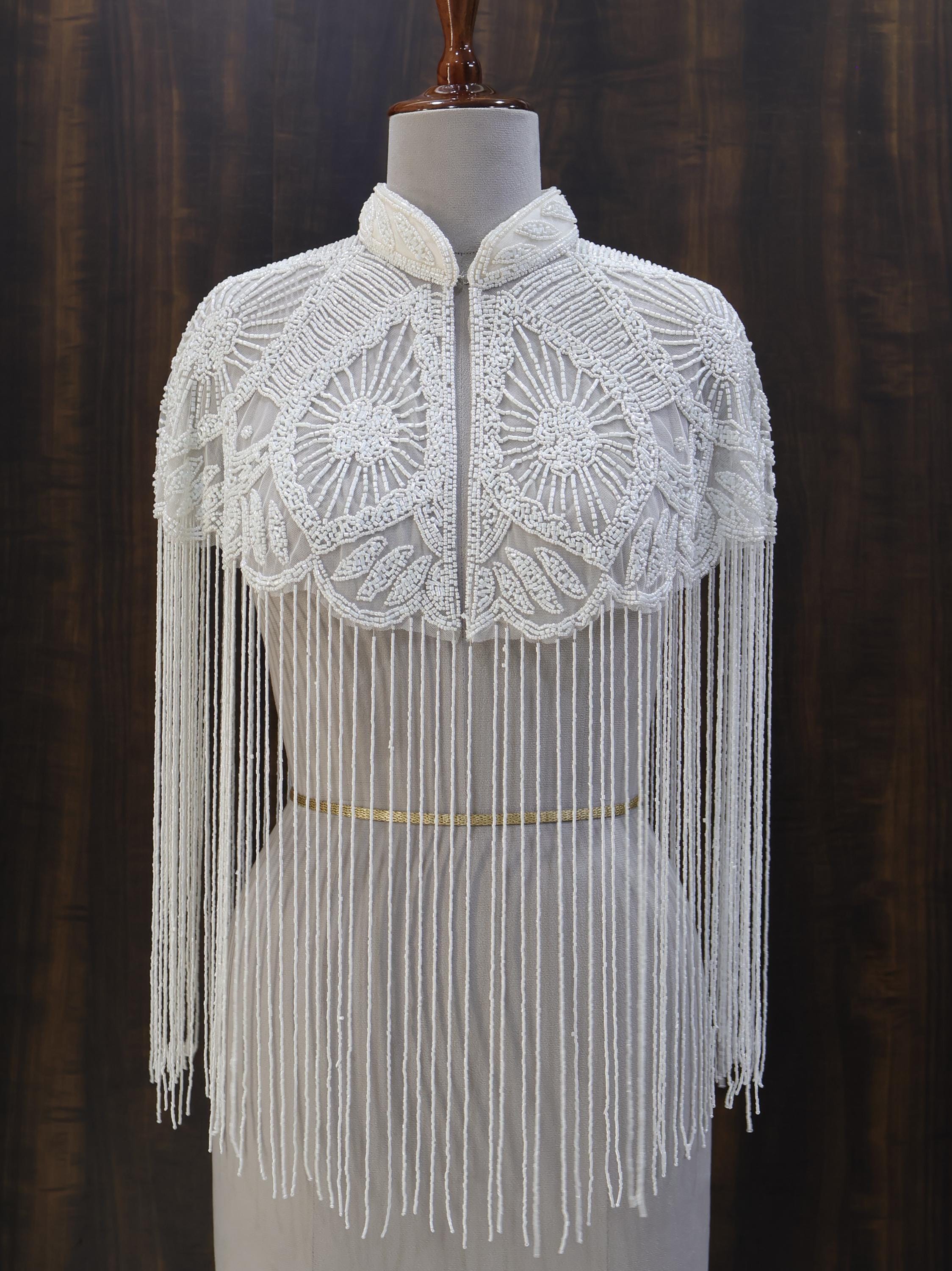 White/ Silver Beaded Bridal Cape: Wedding & Evening Cover-Up Shrug