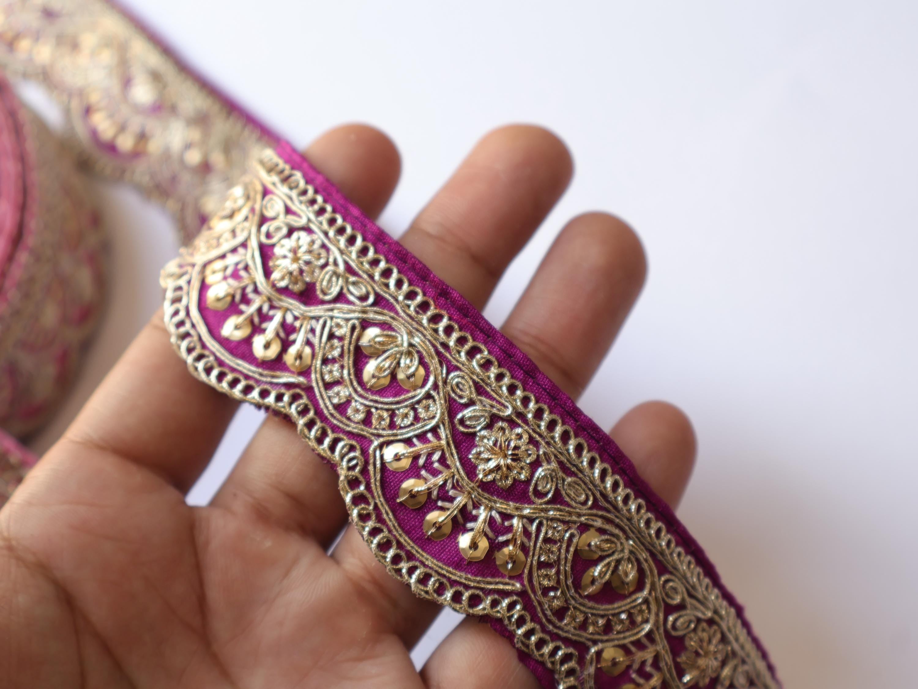 Pink/ Purple Zari Embroidered Trim: Floral Indian Sari Lace 9 Yards