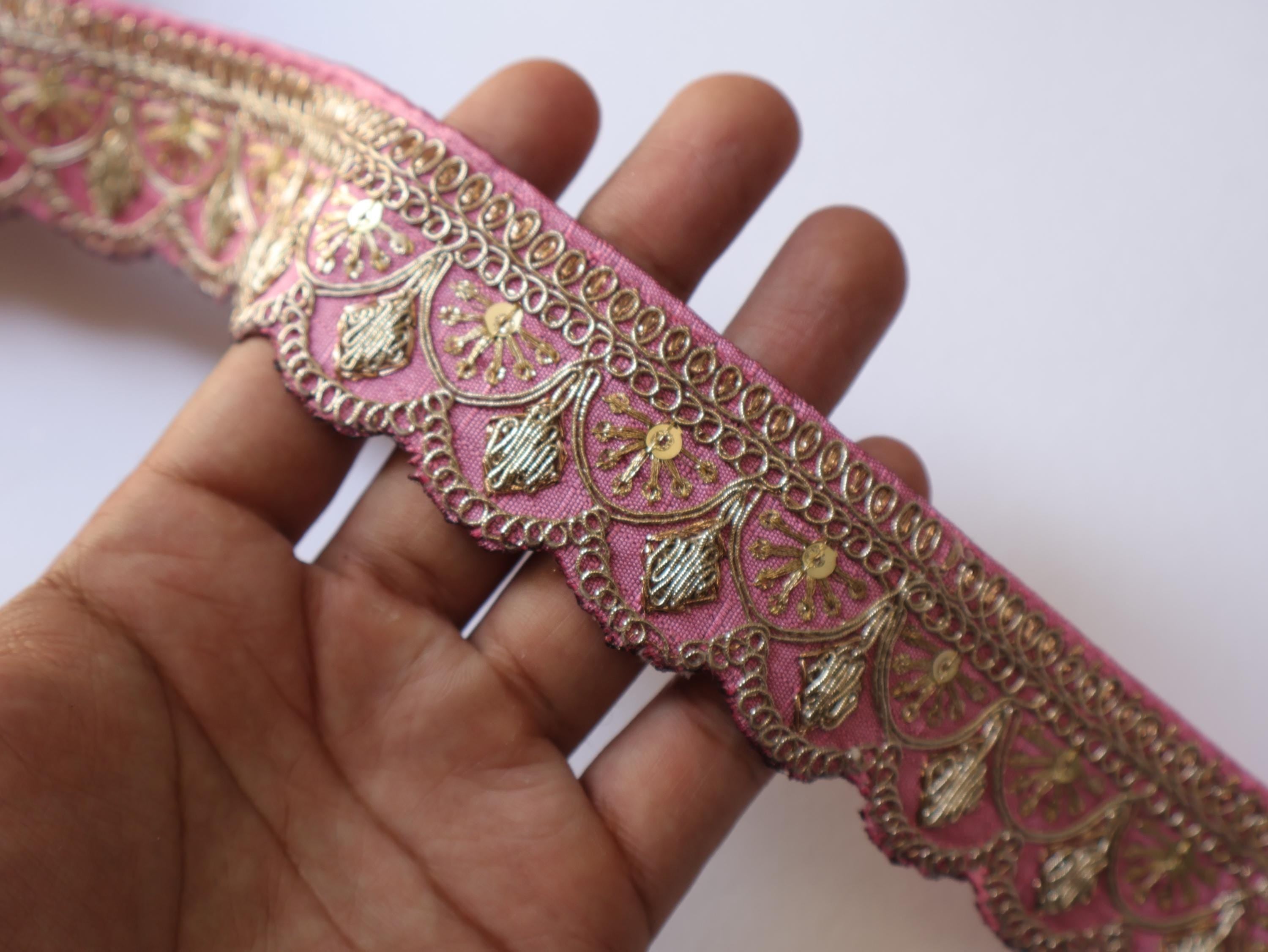 Pink/ Purple Zari Embroidered Trim: Floral Indian Sari Lace 9 Yards