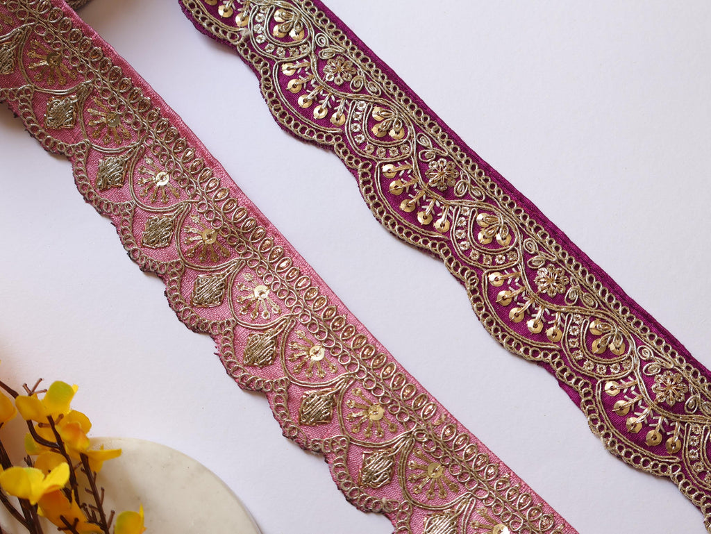 Pink/ Purple Zari Embroidered Trim: Floral Indian Sari Lace 9 Yards