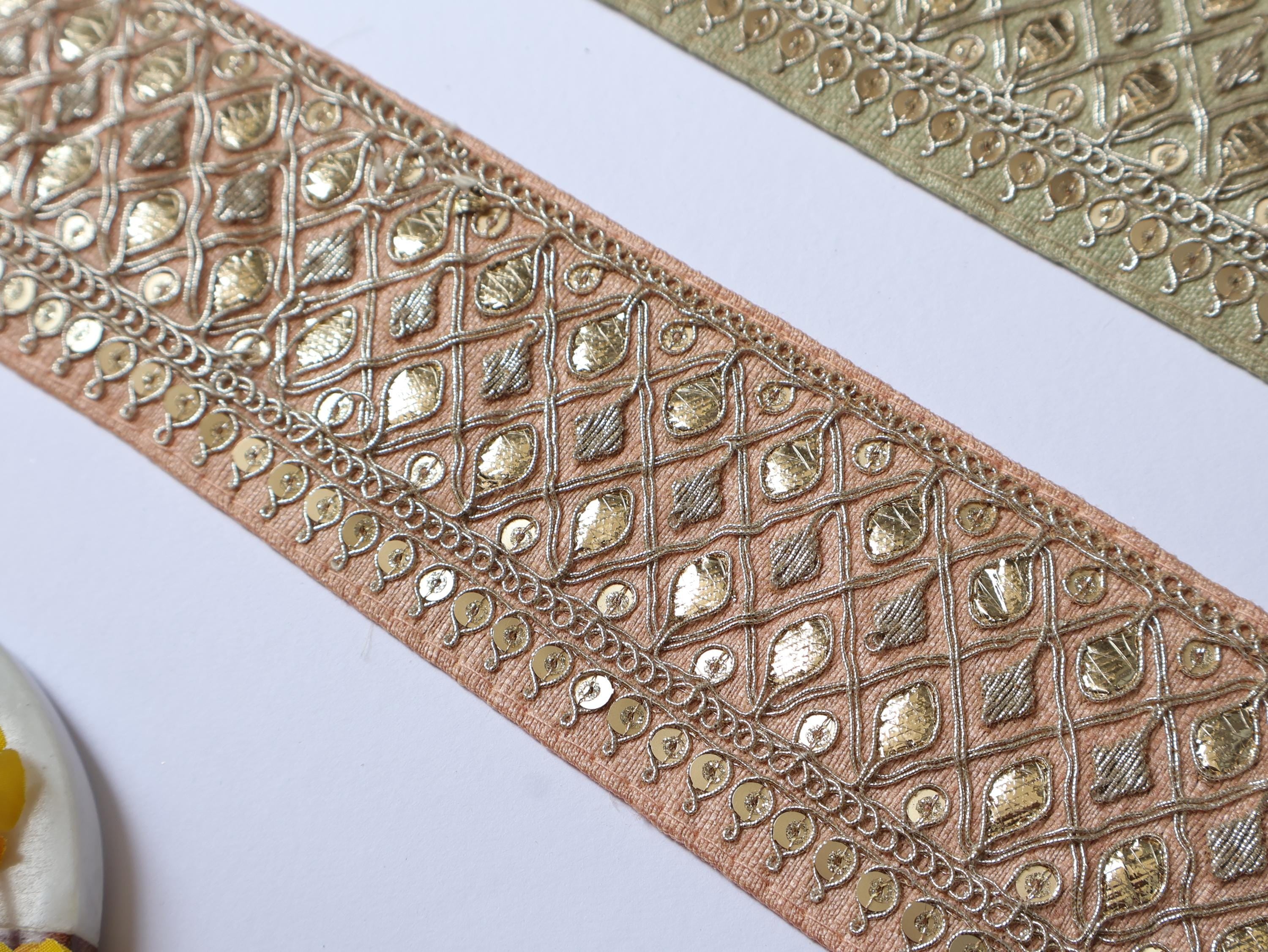 Peach/ Pista Gota Embroidered Trim: Floral Indian Sari Lace 9 Yards