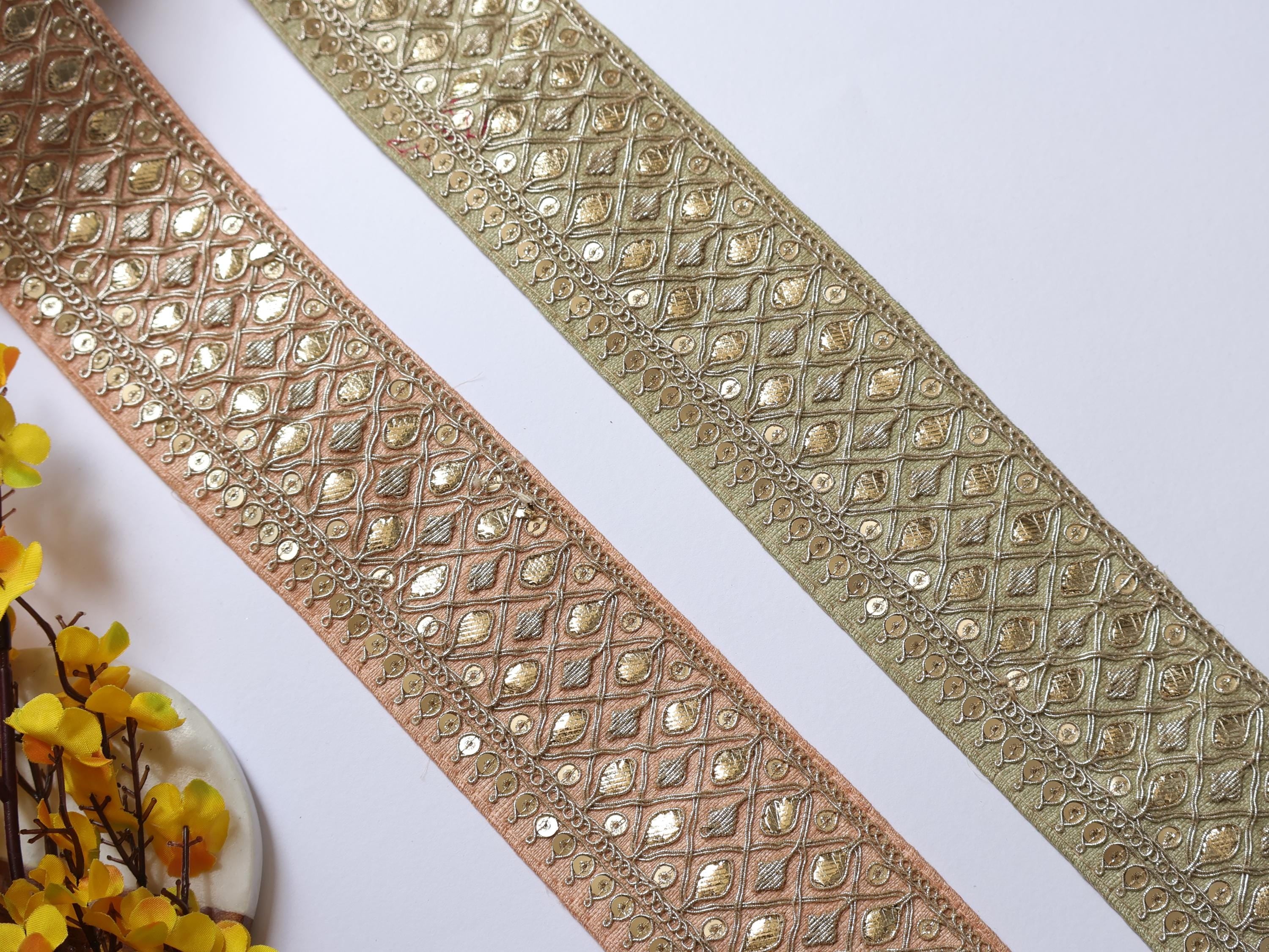 Peach/ Pista Gota Embroidered Trim: Floral Indian Sari Lace 9 Yards