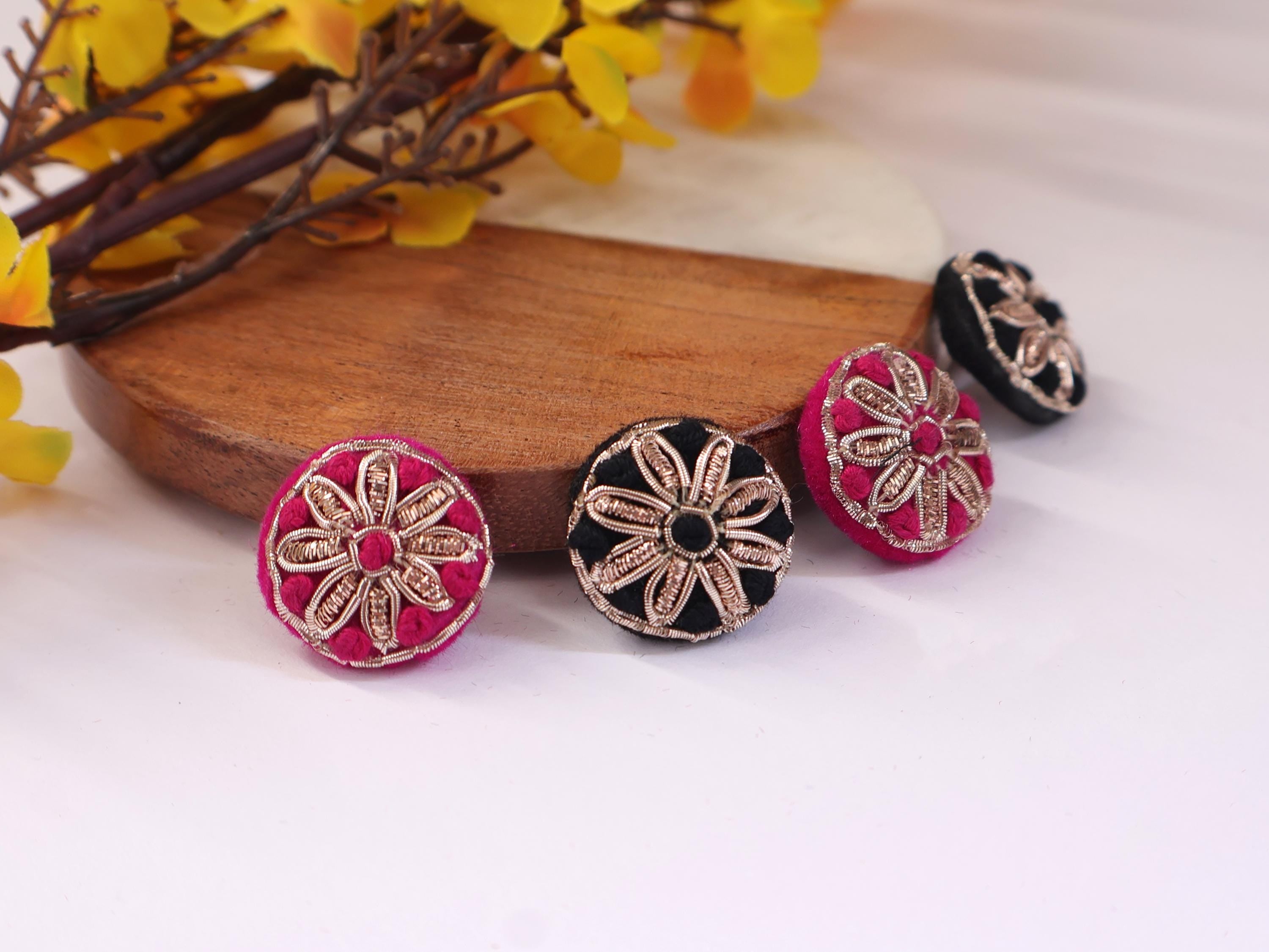 Magenta/ Black Hand Embroidered Button Set: (Pack of 6)