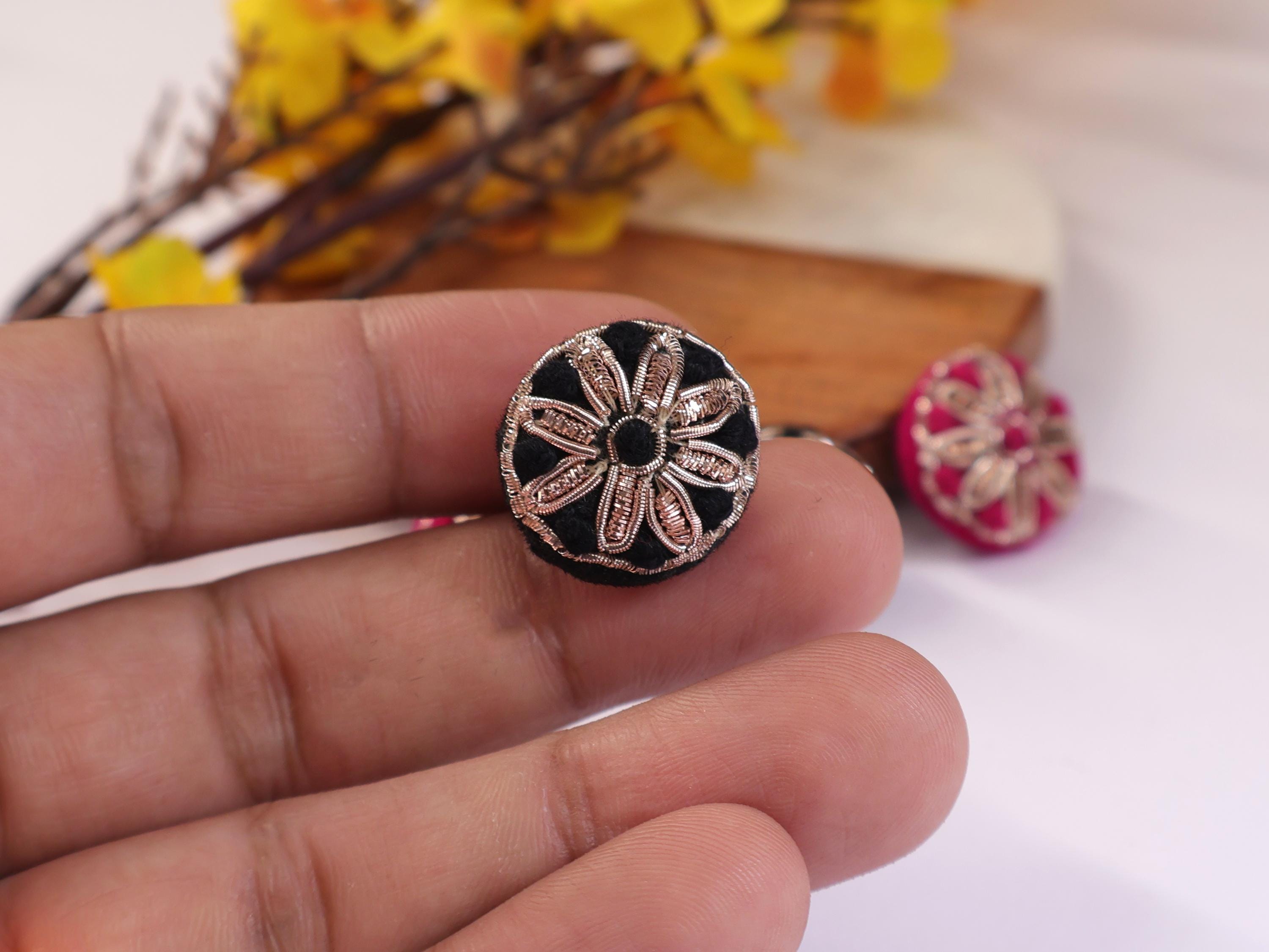 Magenta/ Black Hand Embroidered Button Set: (Pack of 6)