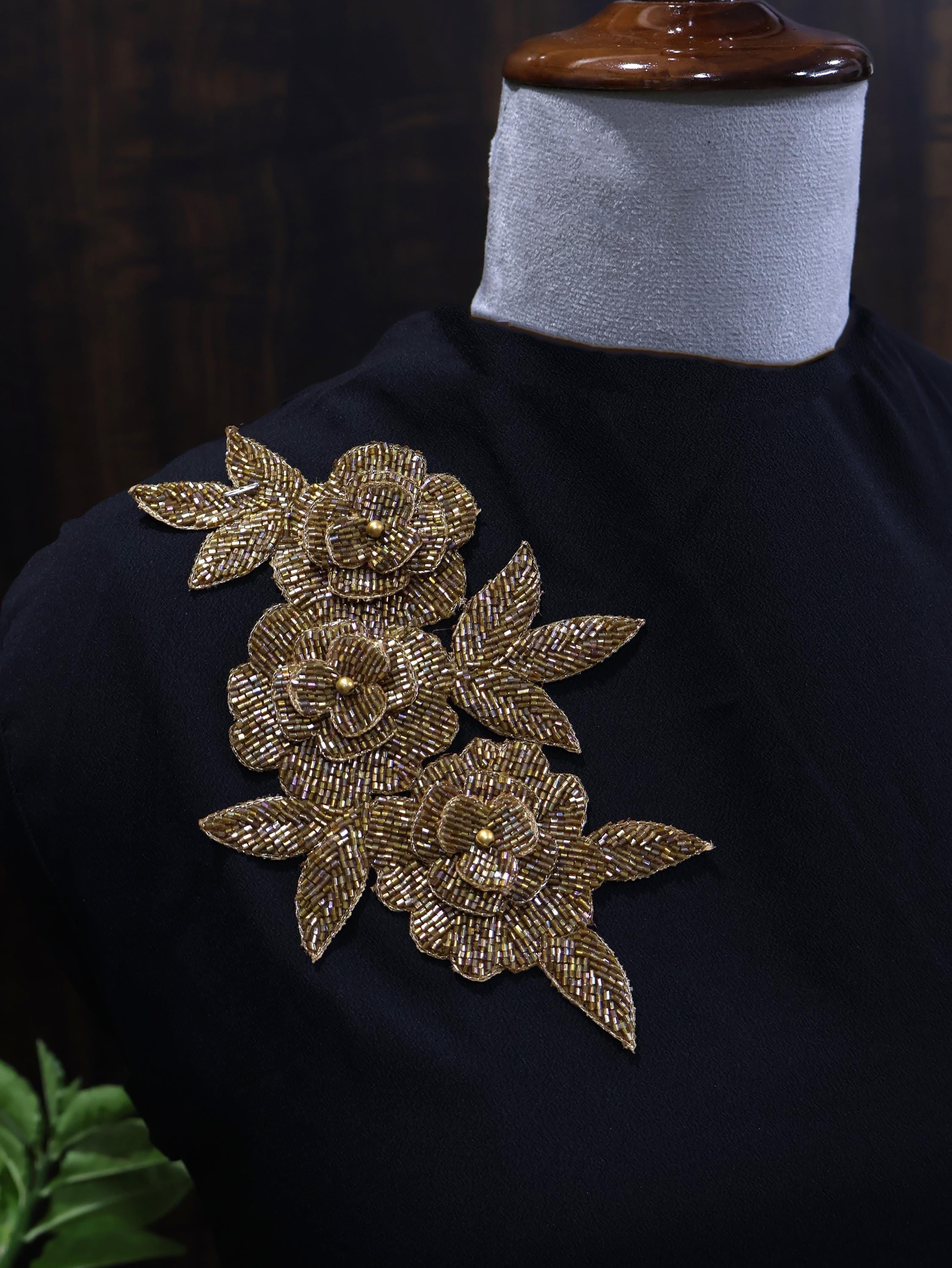 Golden Beadswork Floral Applique: Embroidered Indian Patch