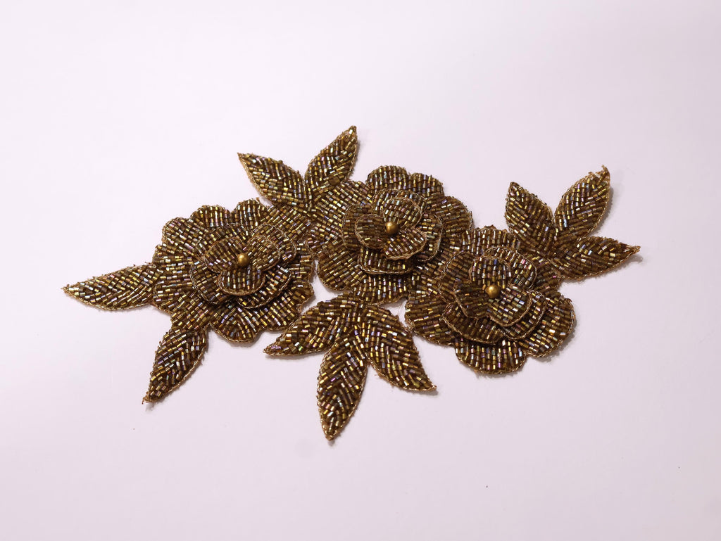 Golden Beadswork Floral Applique: Embroidered Indian Patch