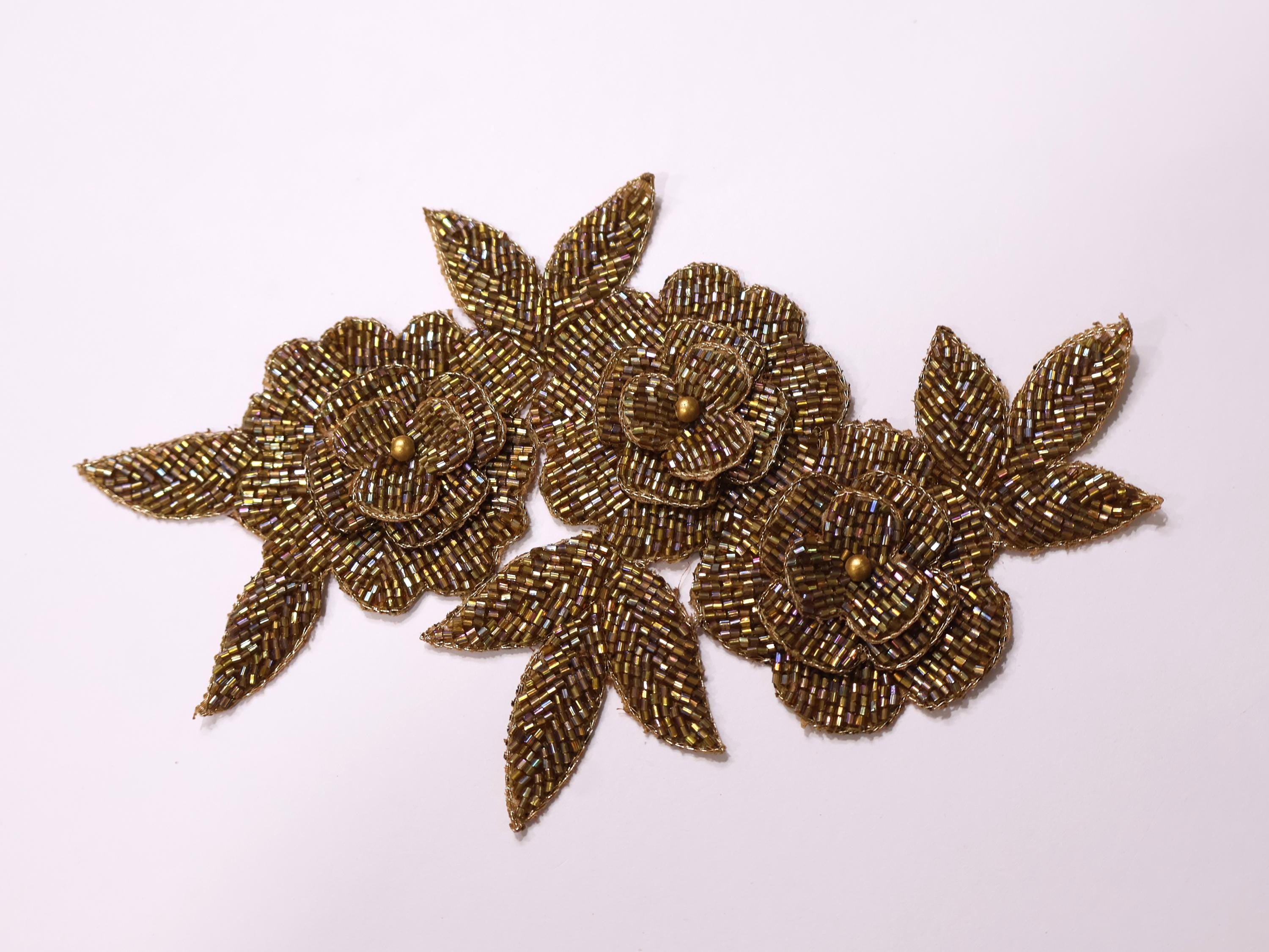 Golden Beadswork Floral Applique: Embroidered Indian Patch