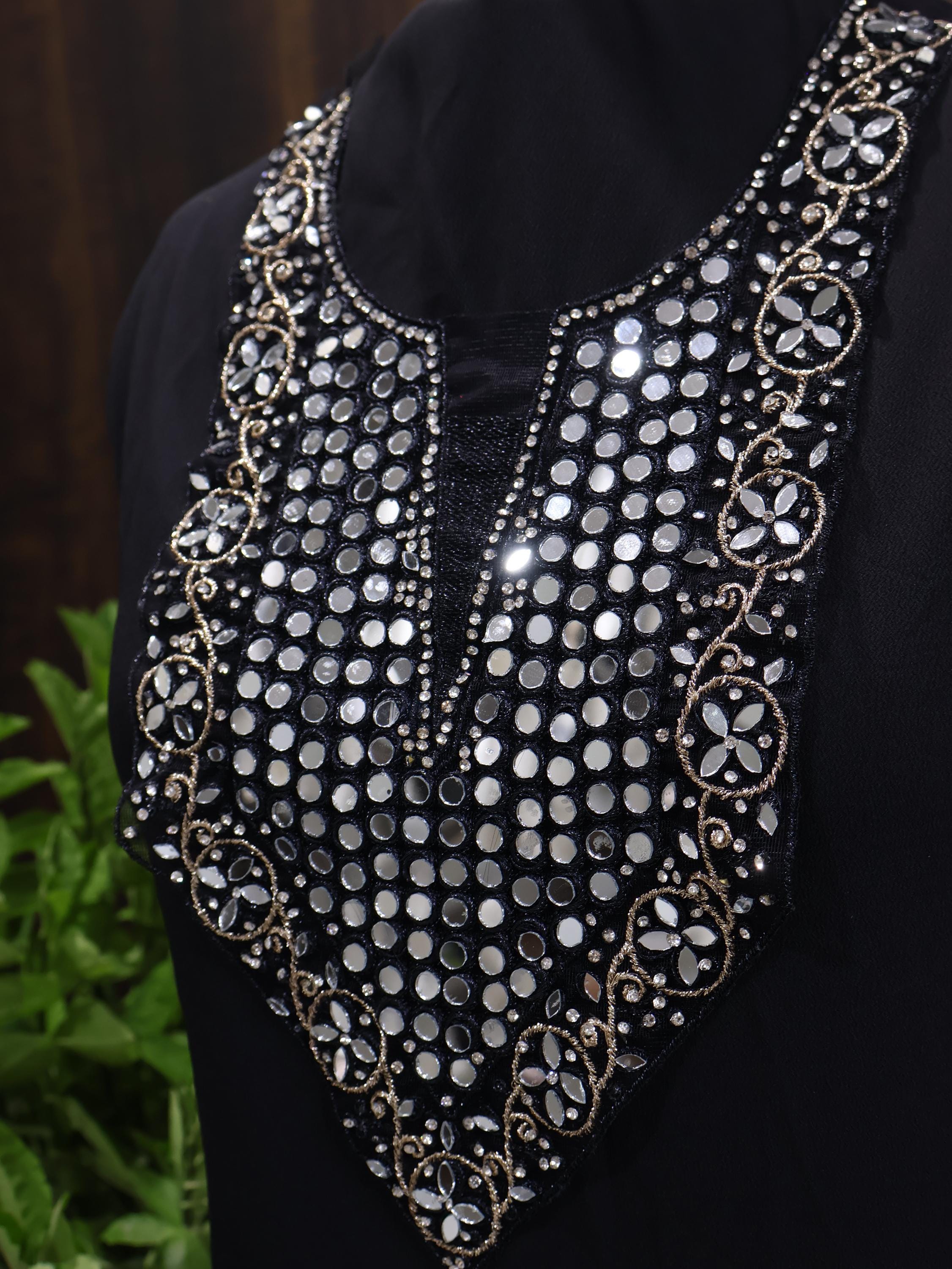 Black Mirror Embellished Neckline Patch: Zari DIY Garment Applique