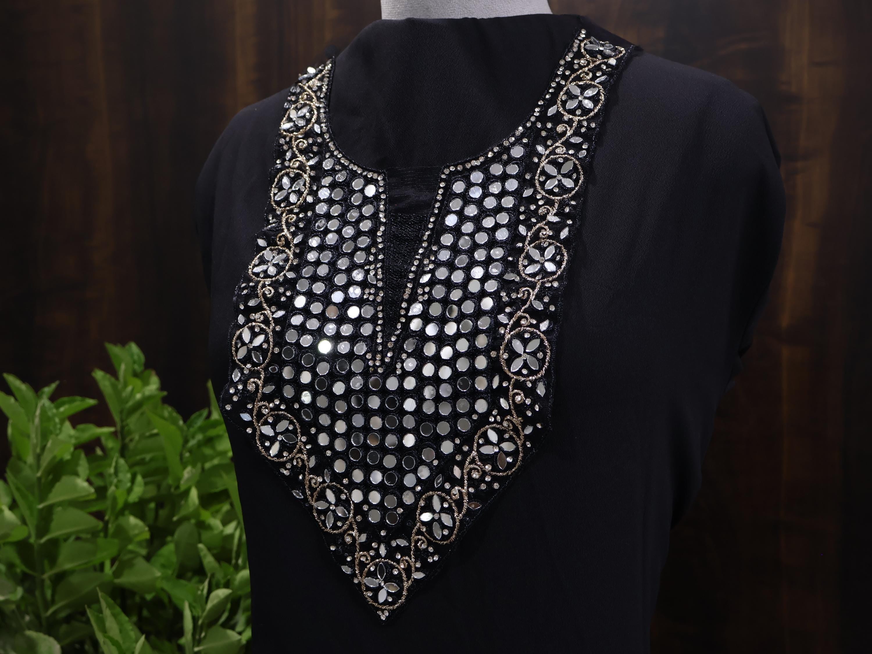 Black Mirror Embellished Neckline Patch: Zari DIY Garment Applique