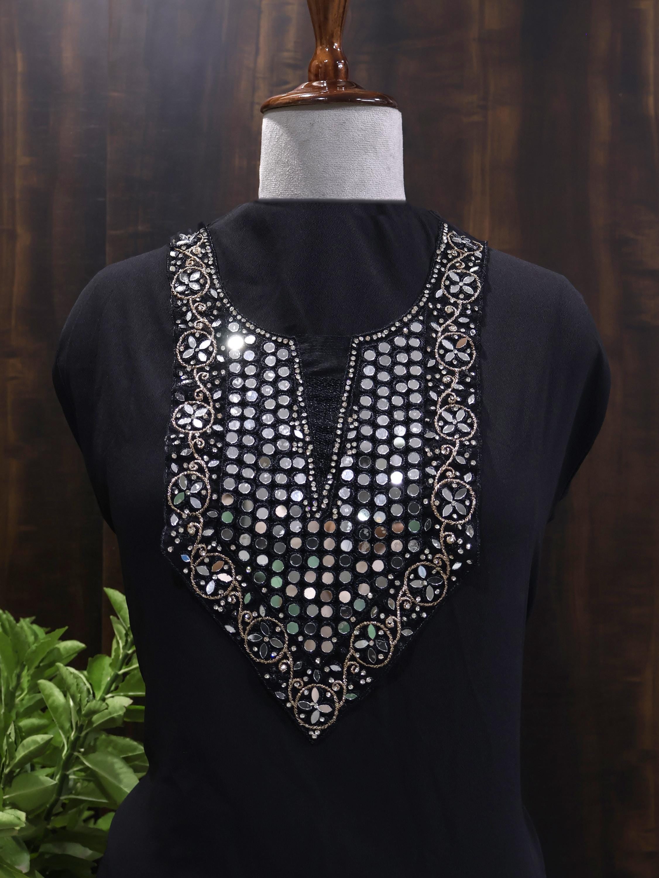 Black Mirror Embellished Neckline Patch: Zari DIY Garment Applique