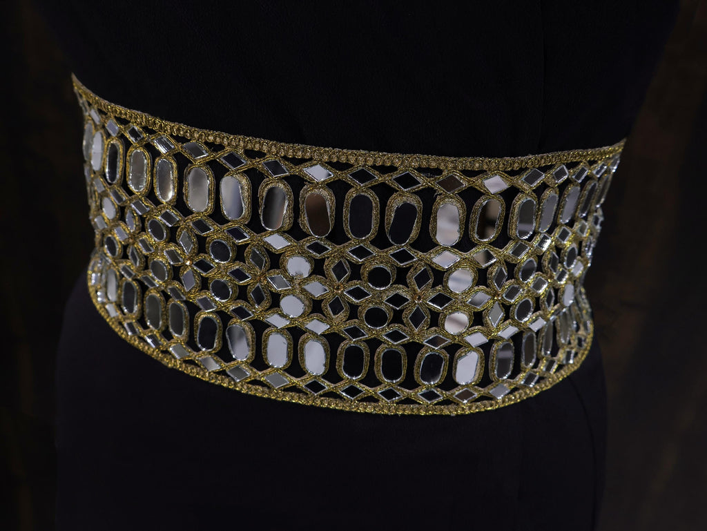 Antique Gold Statement Waist Belt: Mirror Design, Adjustable Chain