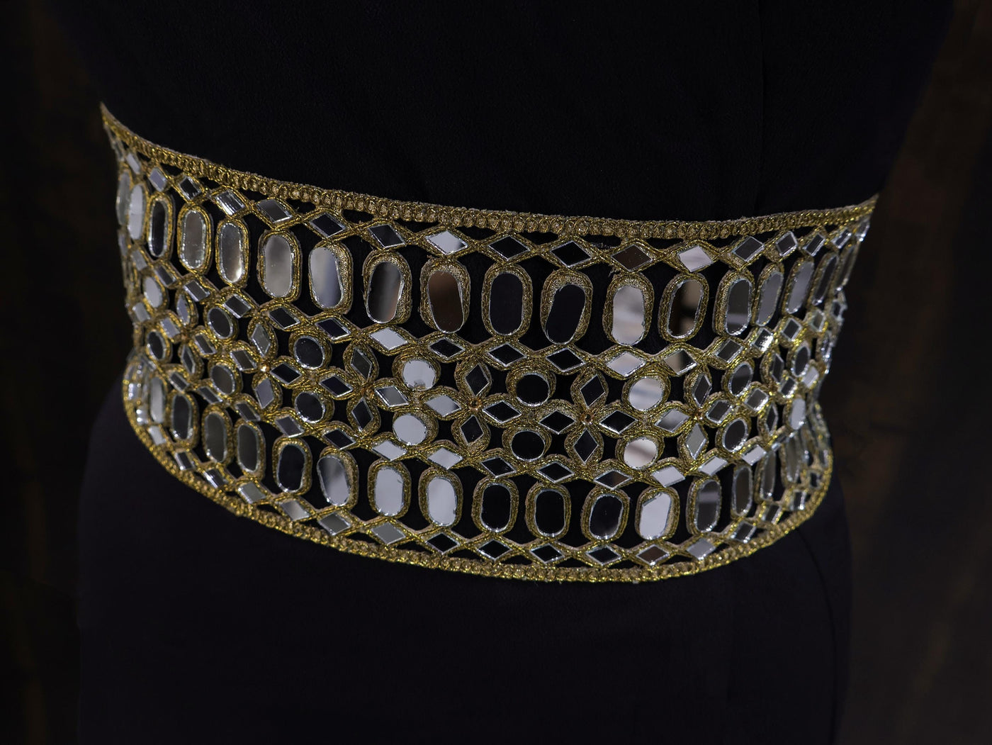 Antique Gold Statement Waist Belt: Mirror Design, Adjustable Chain
