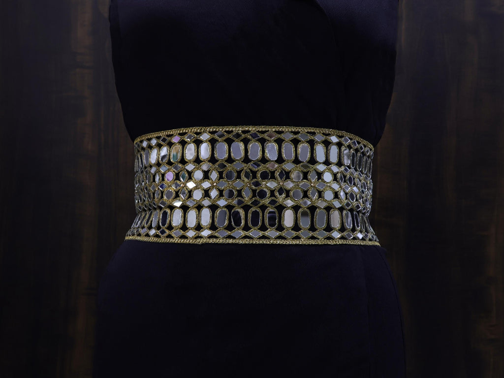 Antique Gold Statement Waist Belt: Mirror Design, Adjustable Chain