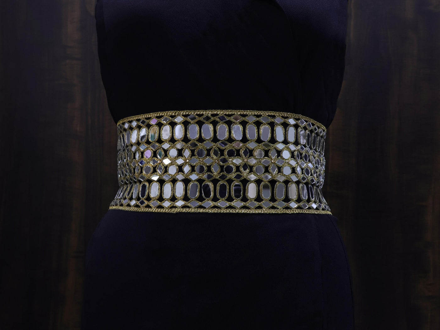 Antique Gold Statement Waist Belt: Mirror Design, Adjustable Chain