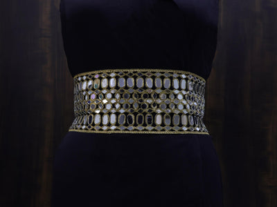 Antique Gold Statement Waist Belt: Mirror Design, Adjustable Chain