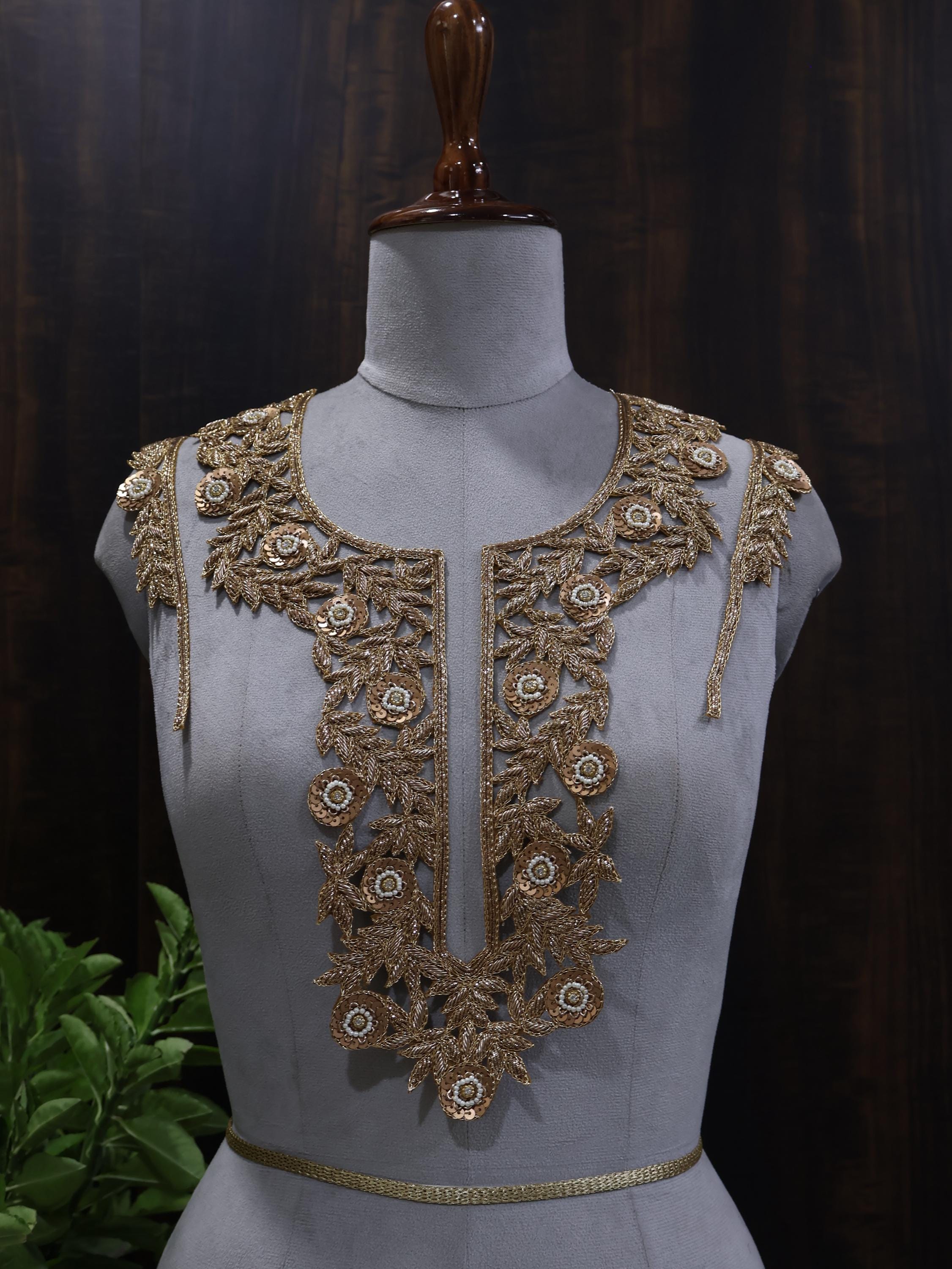 Embroidered Neckline Patch with Sleeves: Golden Zardozi Indian Applique