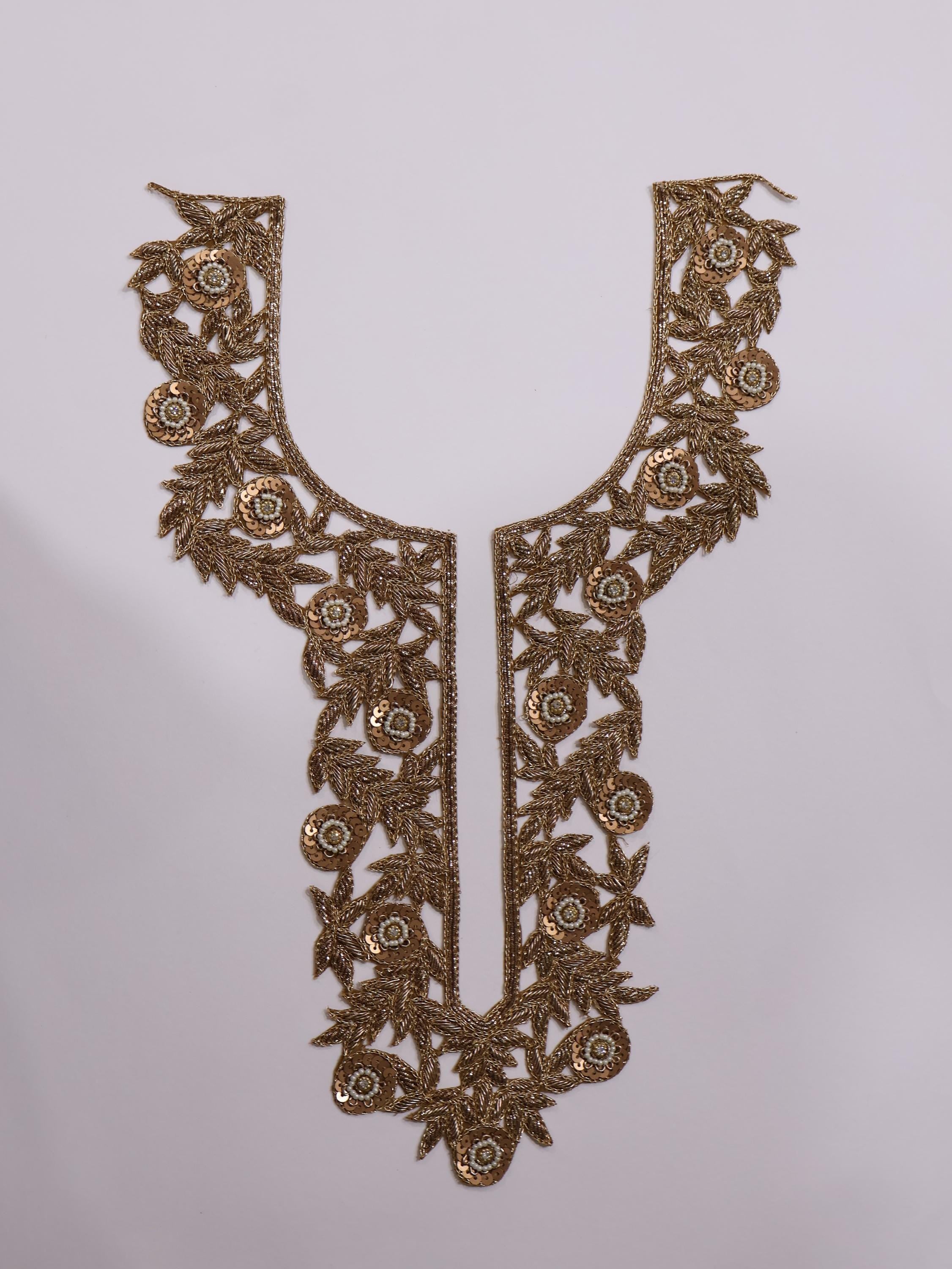 Embroidered Neckline Patch with Sleeves: Golden Zardozi Indian Applique