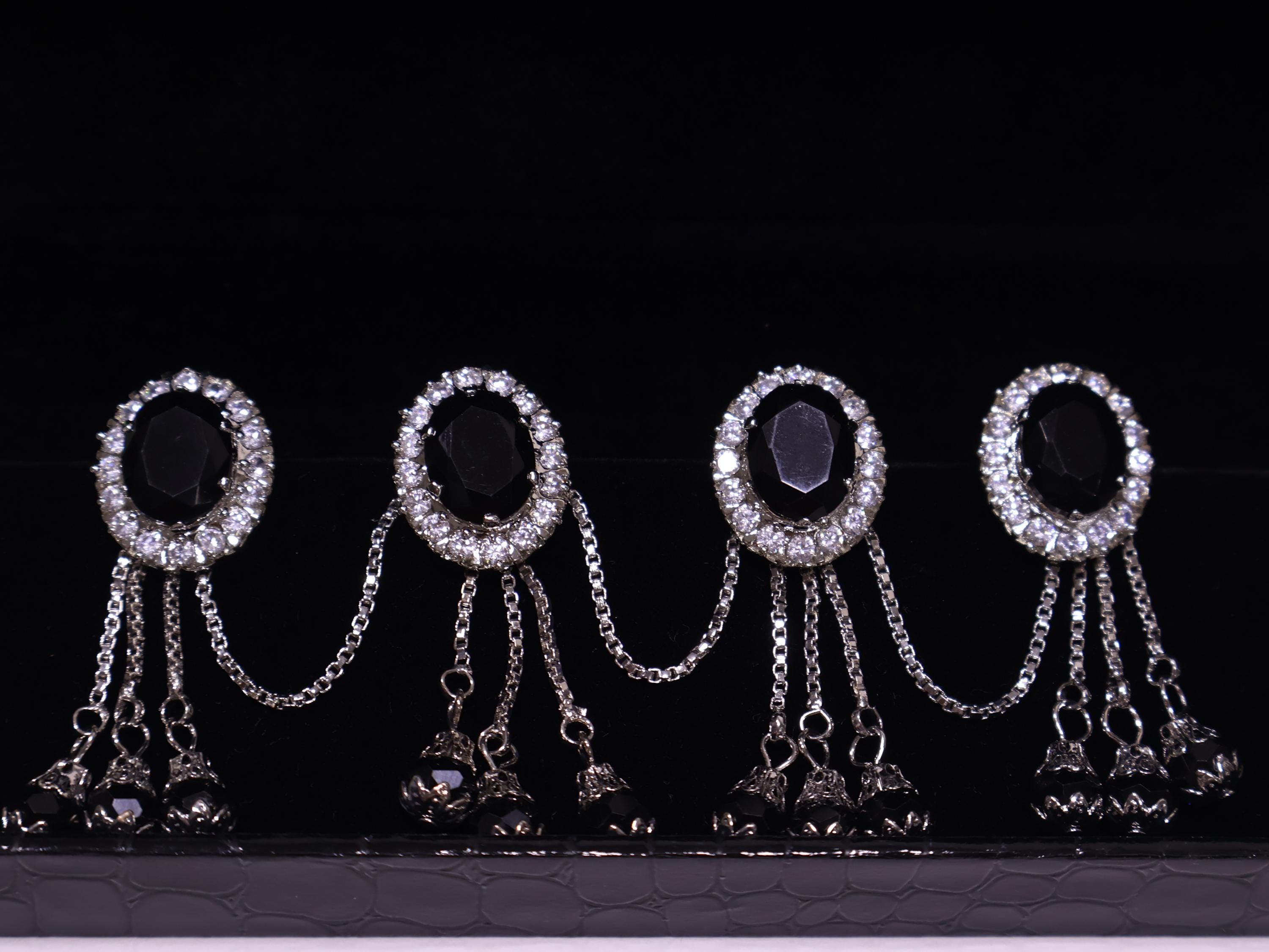 Silver Black AD Crystal Stud Buttons: Men Kurta, Set of 4