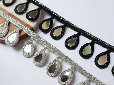 3 Yards Black/ Silver Beaded Mirror Fringe Lace: Borde Espejo