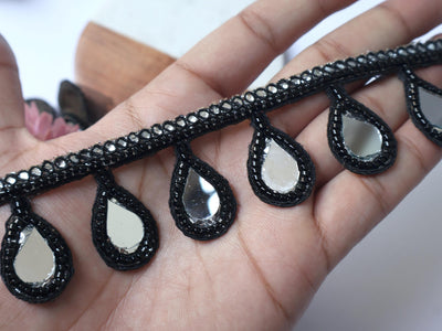3 Yards Black/ Silver Beaded Mirror Fringe Lace: Borde Espejo
