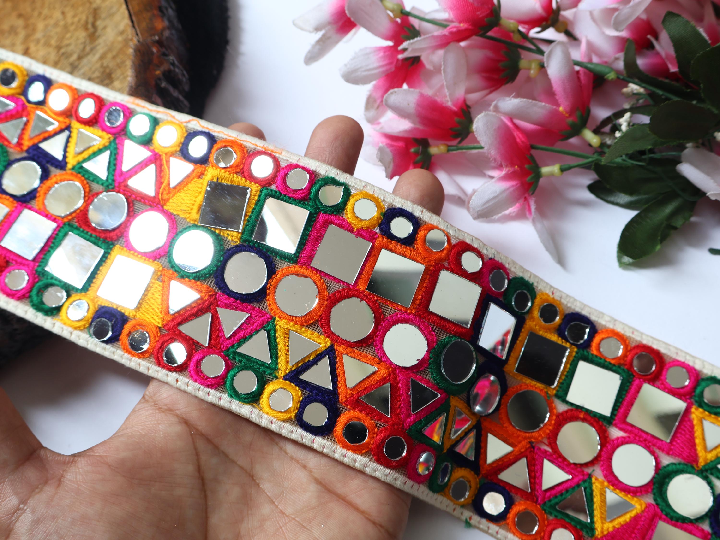 Bohemian Mirror Lace Trim: Colorful Indian Embroidered Border (9cm)