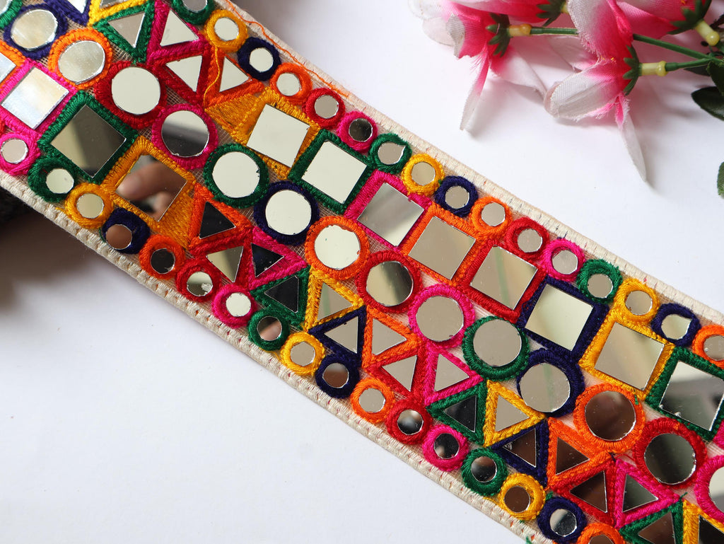 Bohemian Mirror Lace Trim: Colorful Indian Embroidered Border (9cm)