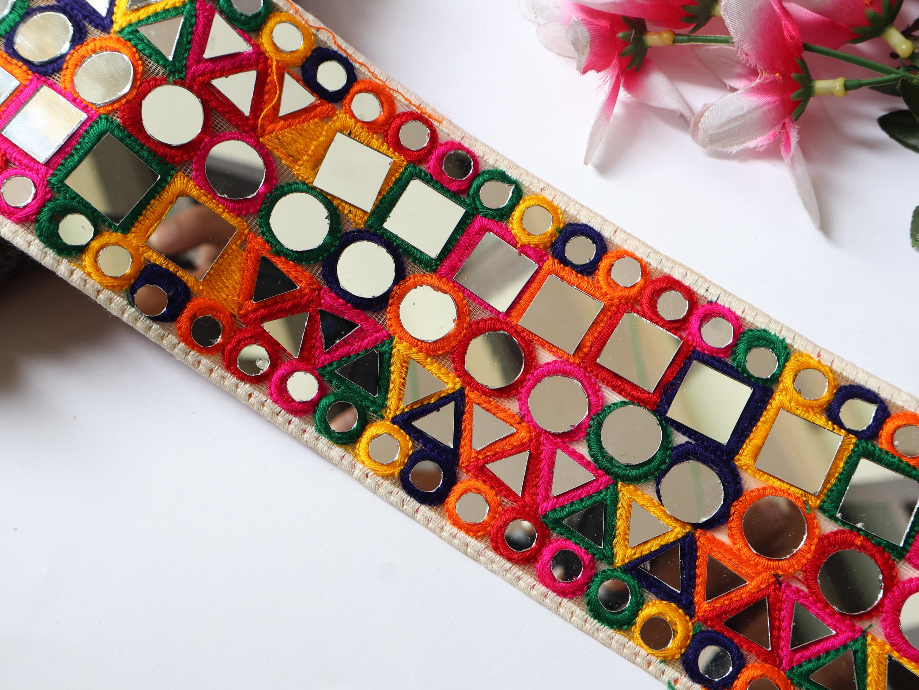 Bohemian Mirror Lace Trim: Colorful Indian Embroidered Border (9cm)