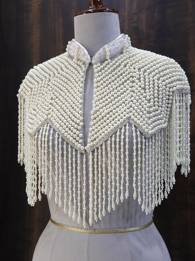 White Pearl Beaded Cape: Wedding & Evening Cover-Up Shrug
