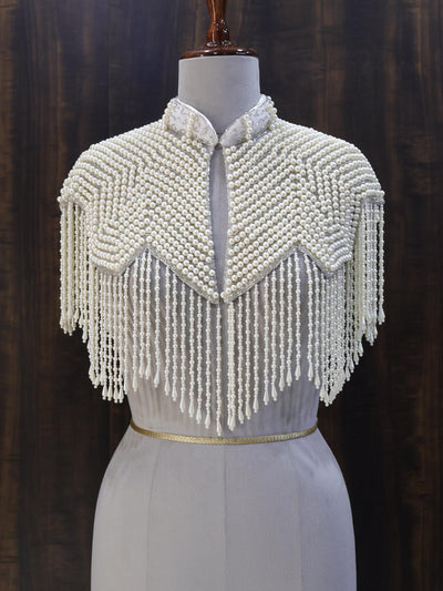White Pearl Beaded Cape: Wedding & Evening Cover-Up Shrug