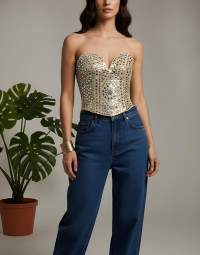 Luxury Gold Mirror Work Corset: Embellished Bustier for Party Wear