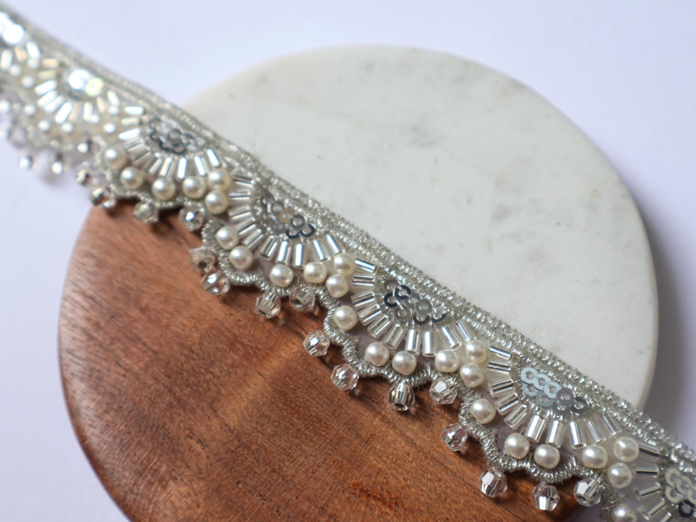 Silver Pearl & Beads Narrow Scallop Trim: Embroidered Sari Lace Border