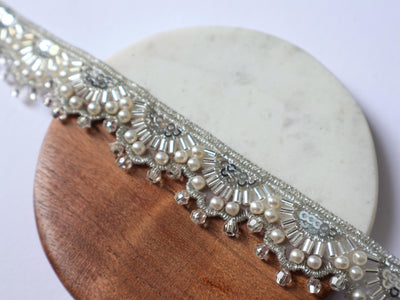 Silver Pearl & Beads Narrow Scallop Trim: Embroidered Sari Lace Border