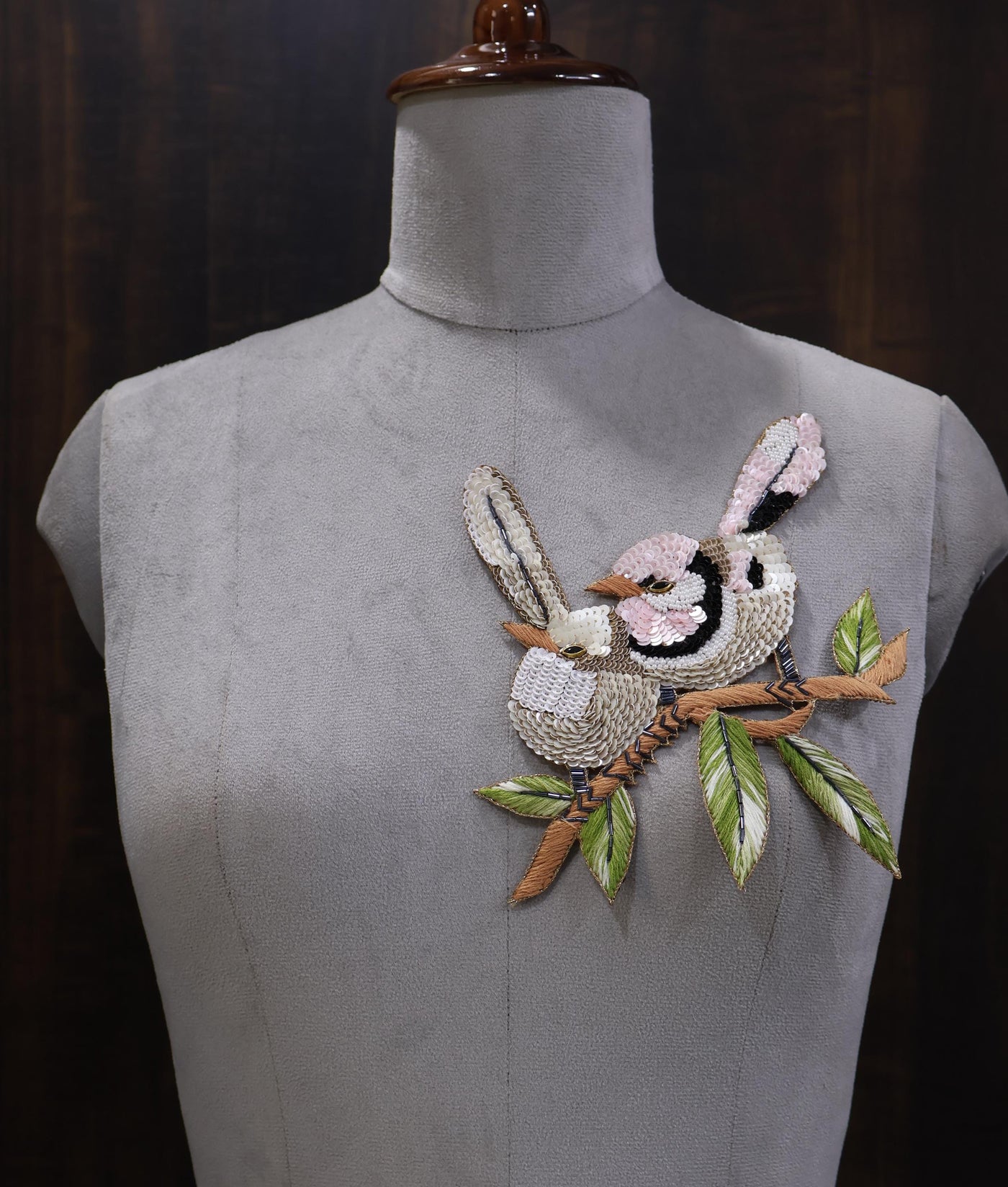 Sparrow Sequin Applique Patch: Hand Embroidered Birds