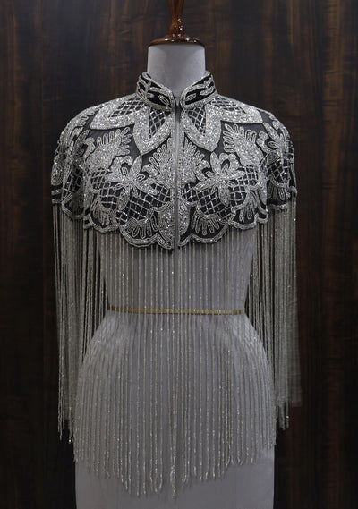 Silver Black Beaded Bridal Cape: Wedding & Evening Cover-Up Shrug