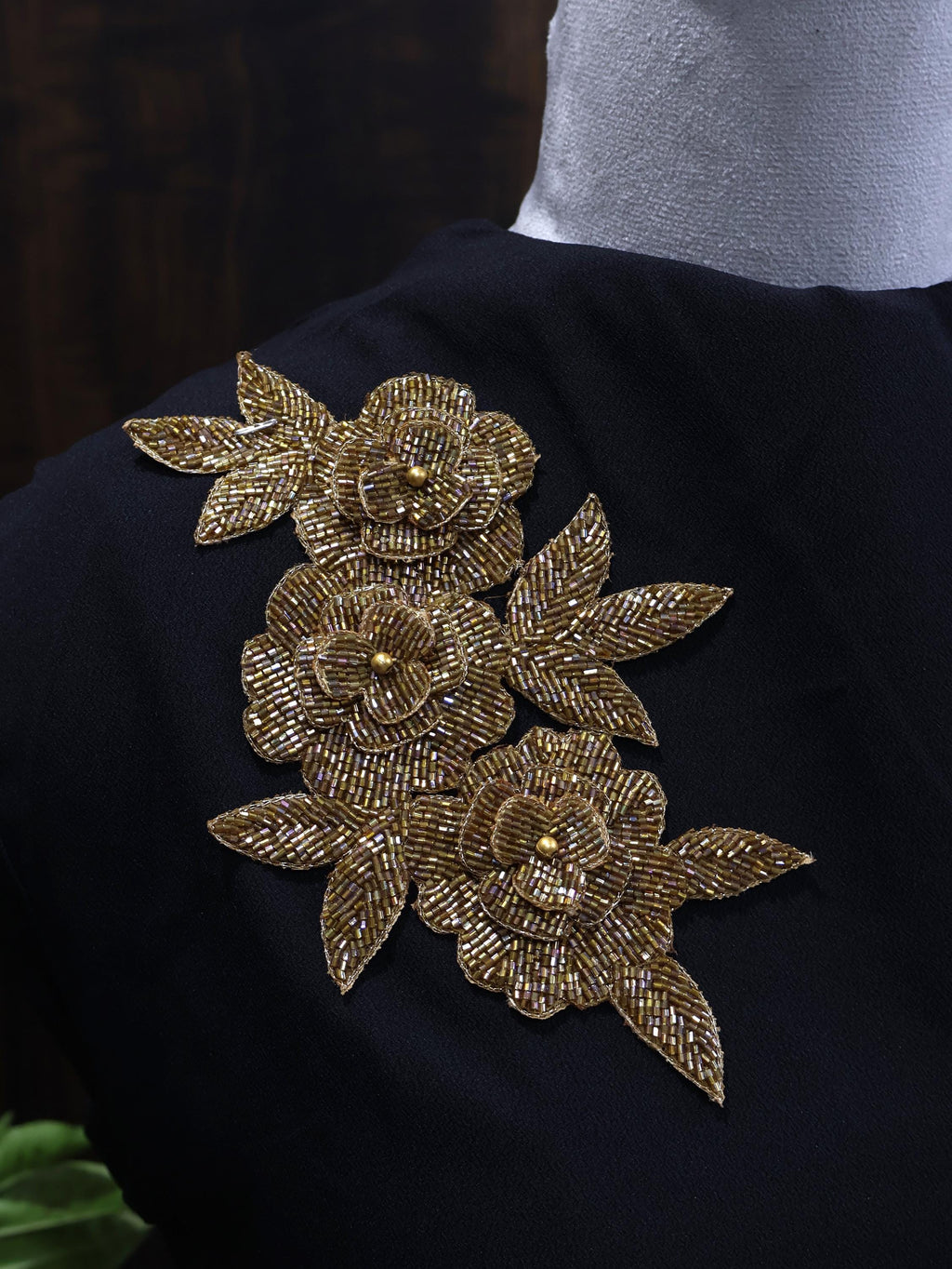 Golden Beadswork Floral Applique: Embroidered Indian Patch