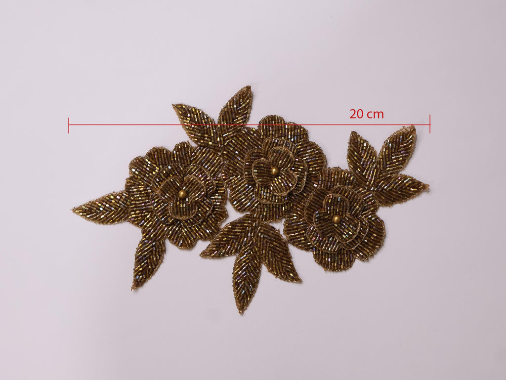 Golden Beadswork Floral Applique: Embroidered Indian Patch