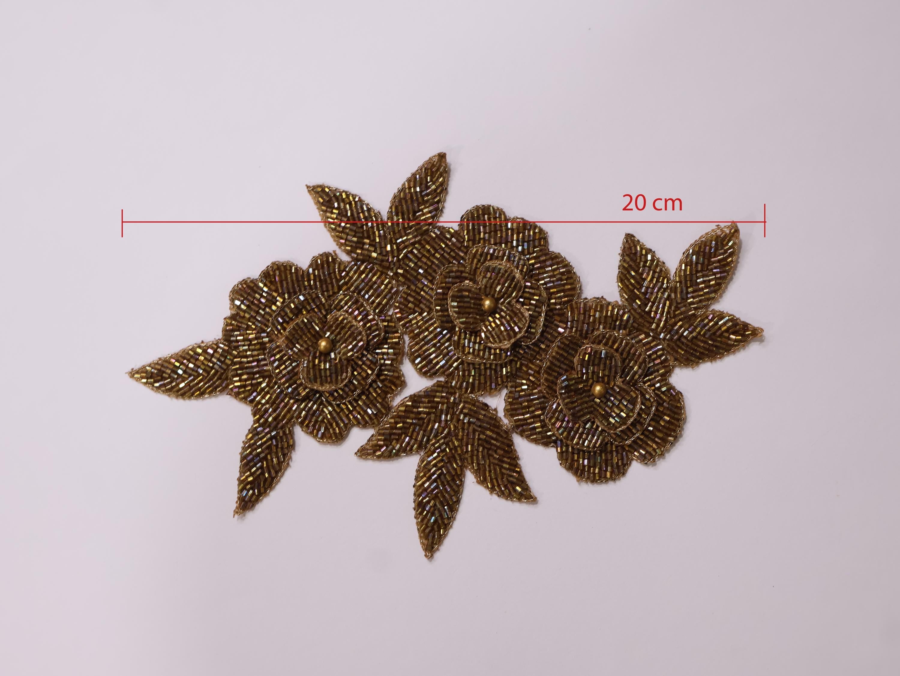 Golden Beadswork Floral Applique: Embroidered Indian Patch