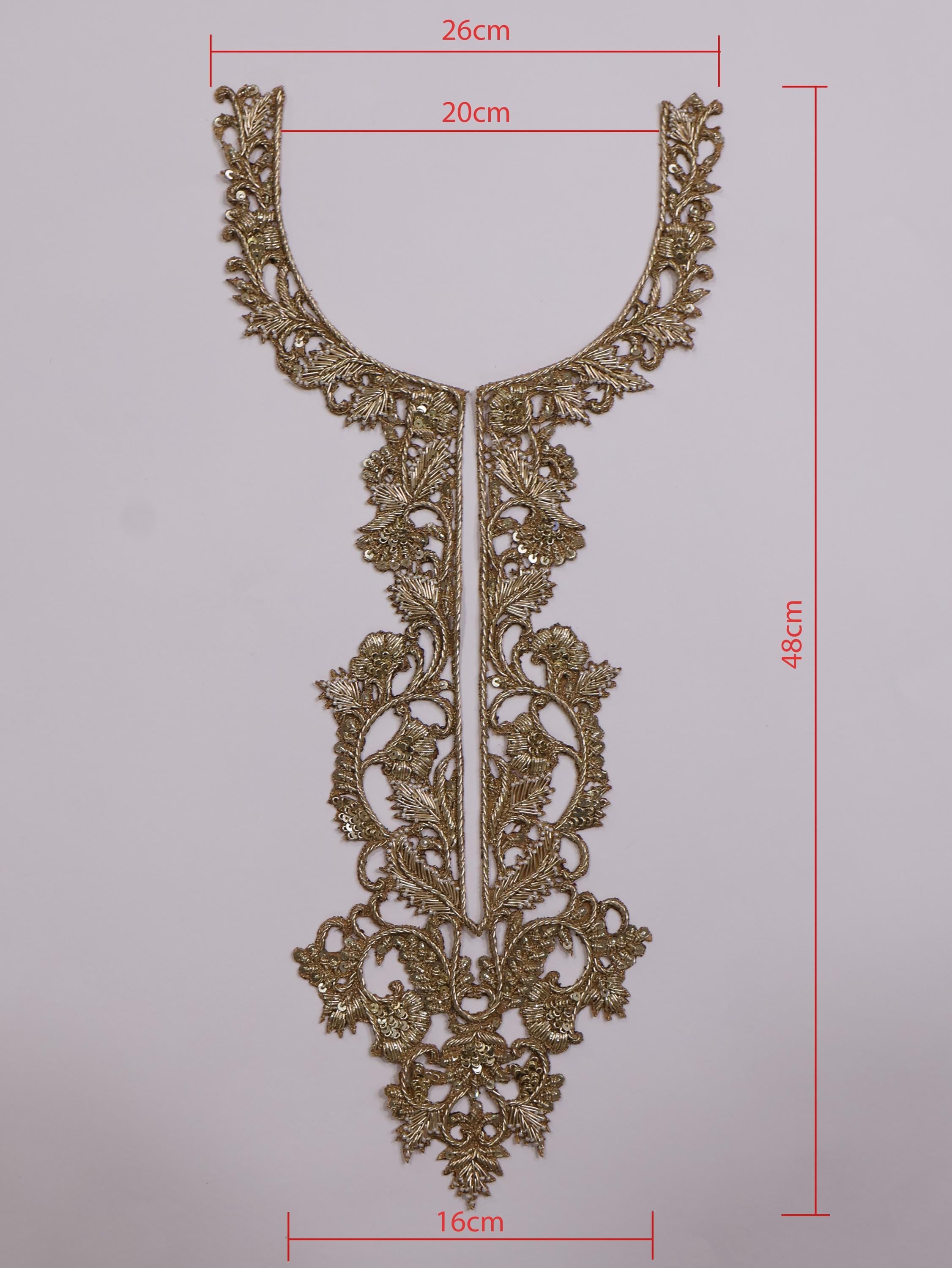 Golden Embroidered Neckline Patch with Sleeves: Indian Zardozi Applique