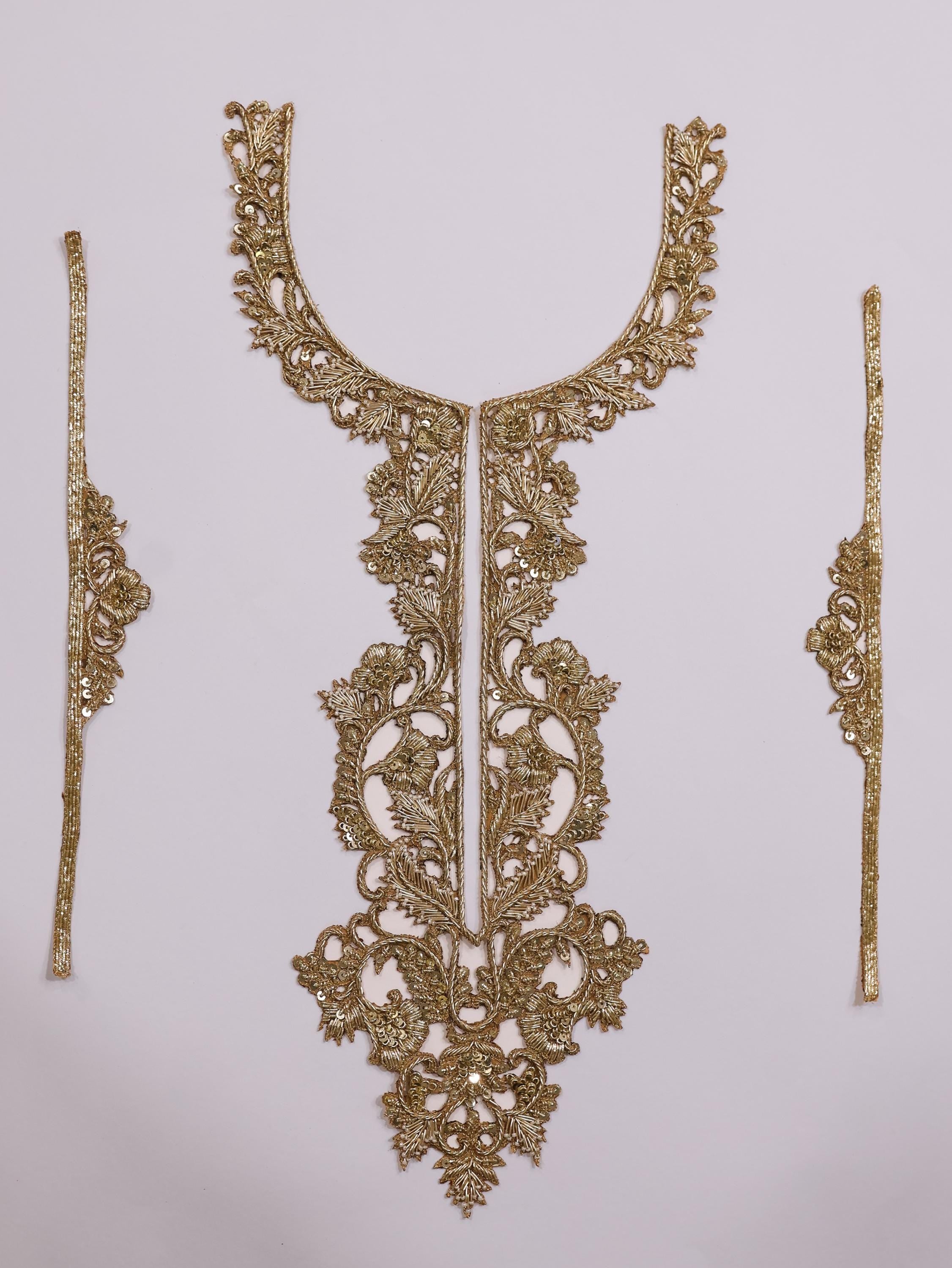 Golden Embroidered Neckline Patch with Sleeves: Indian Zardozi Applique