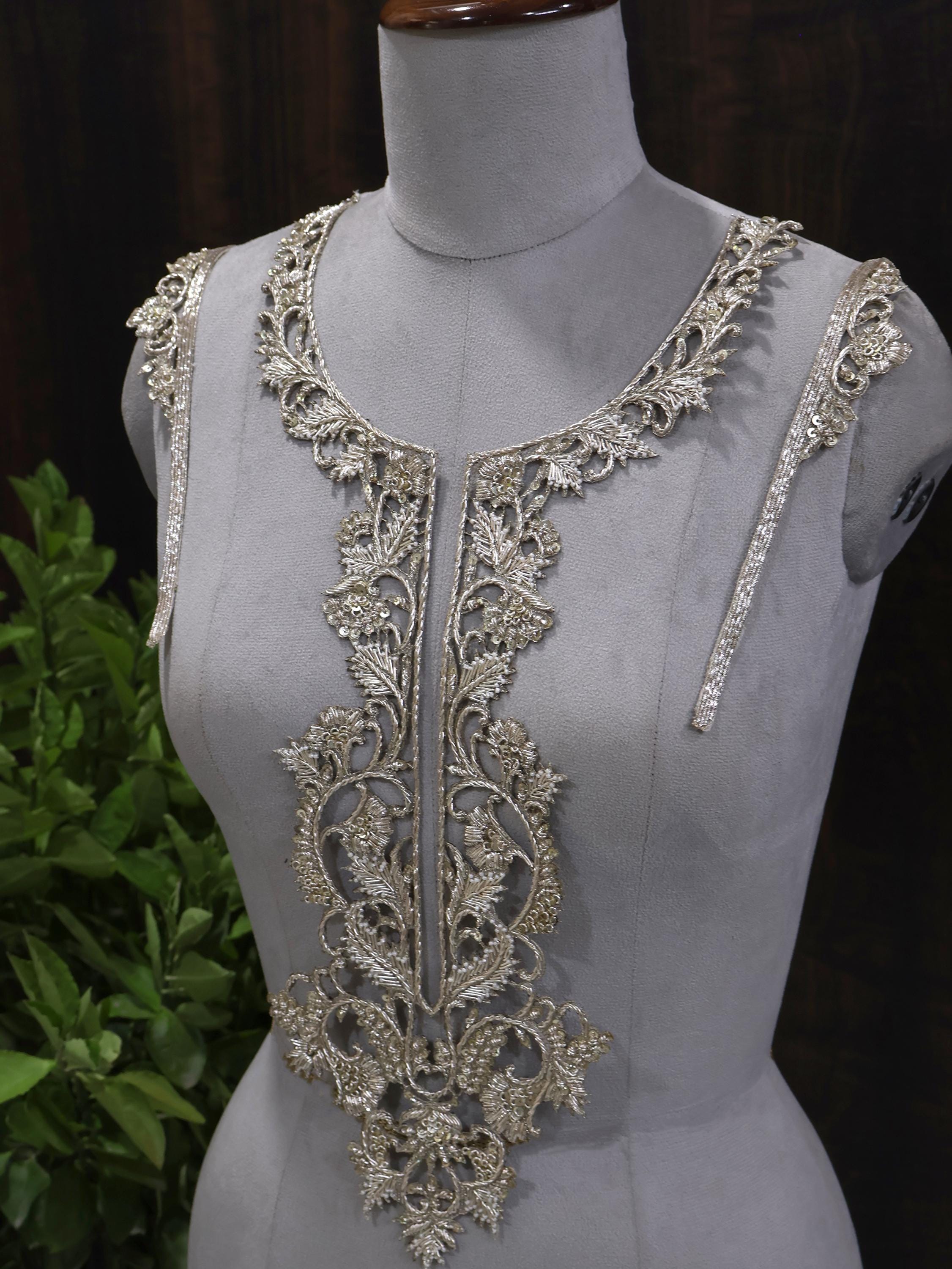 Golden Embroidered Neckline Patch with Sleeves: Indian Zardozi Applique