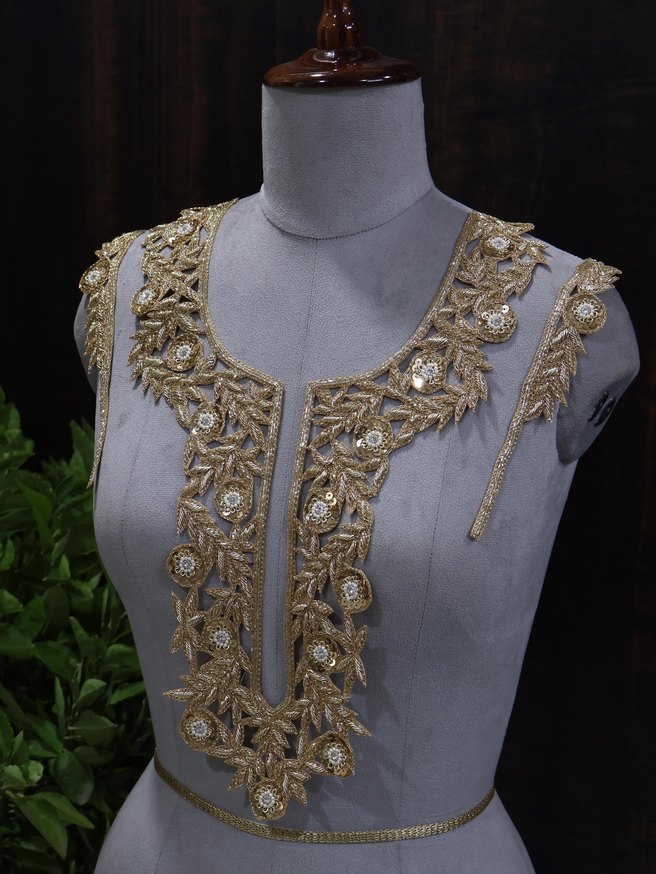 Embroidered Neckline Patch with Sleeves: Golden Zardozi Indian Applique