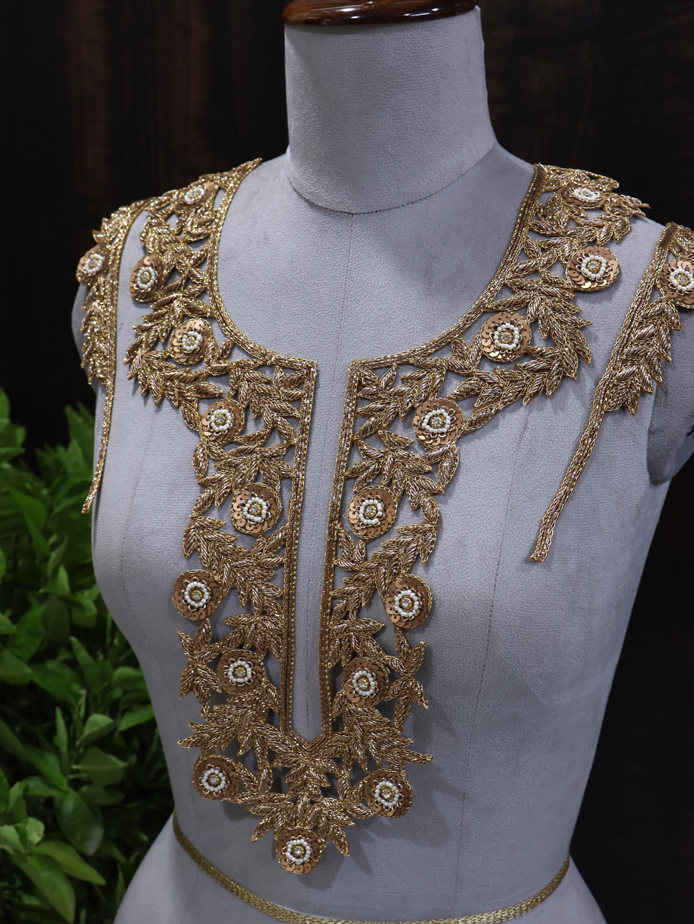 Embroidered Neckline Patch with Sleeves: Golden Zardozi Indian Applique