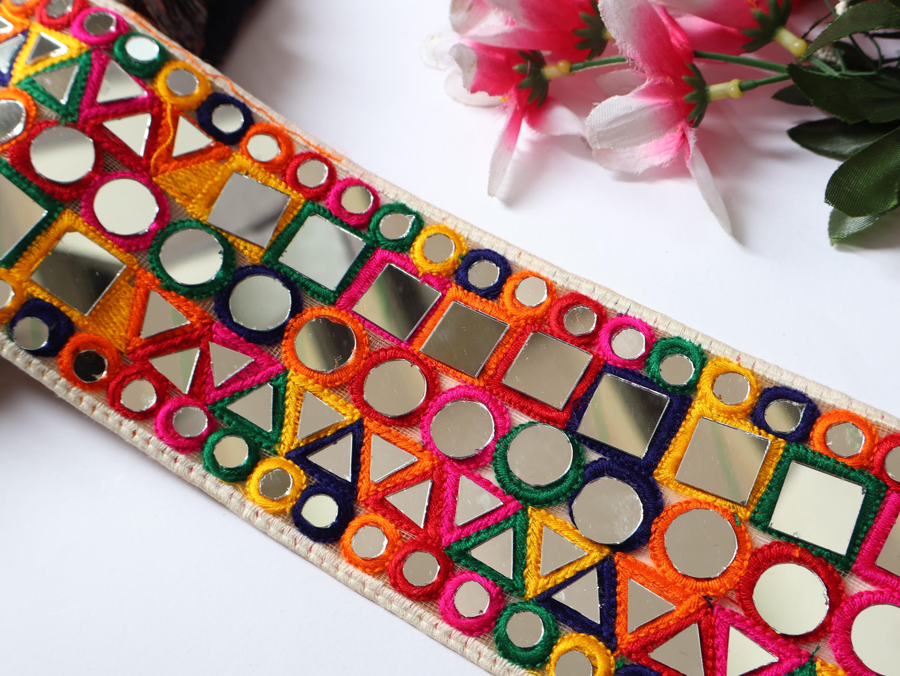 Bohemian Mirror Lace Trim: Colorful Indian Embroidered Border (9cm)